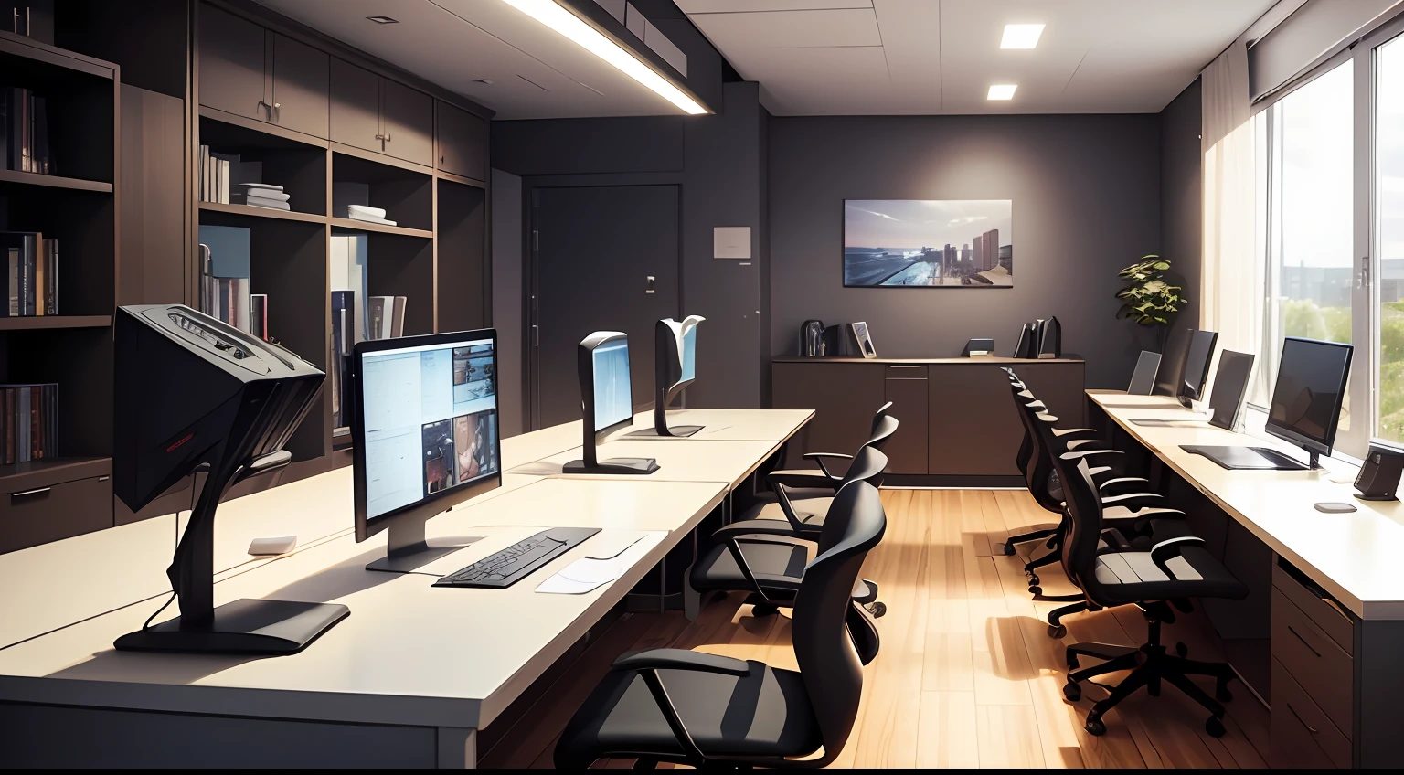 The image shows an organized room setup with modern and elegant decor. The main desk is spacious and has multiple PC monitors lined up, providing an immersive experience. Electronic equipment is displayed on well-organized shelves. There are ergonomic chairs, a coffee station and light controls in the windows. The environment is ideal for work, games and productive digital activities. --auto