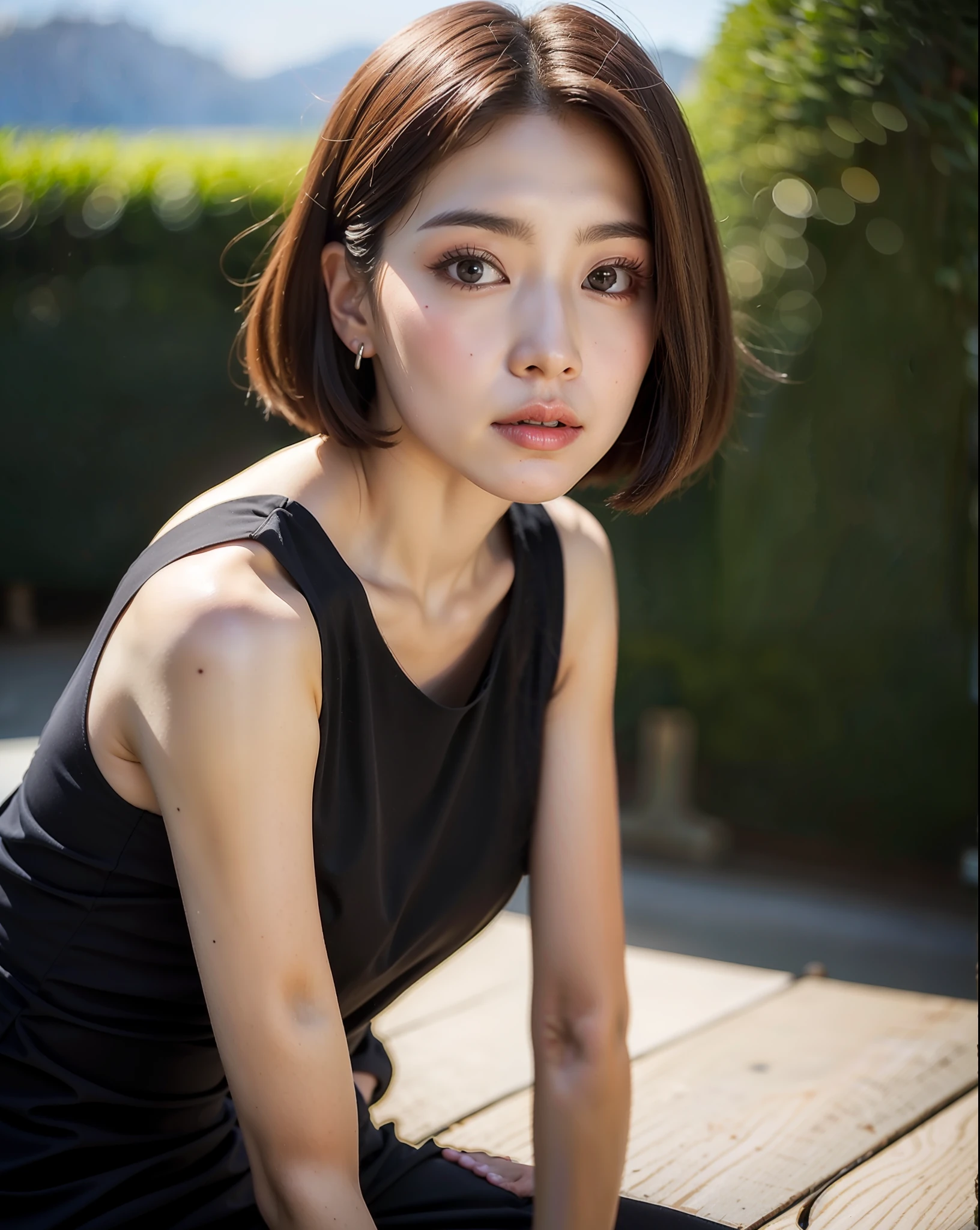 there is a woman sitting on a bench with a black top, ulzzangs, xintong chen, Korean girl, young cute wan asian face, Choi Hyun-hwa, beautiful Korean women, with short hair, kanliu666, Gorgeous young Korean woman, black hime cut hair, Beautiful young Korean woman, jaeyeon nam, wenfei ye