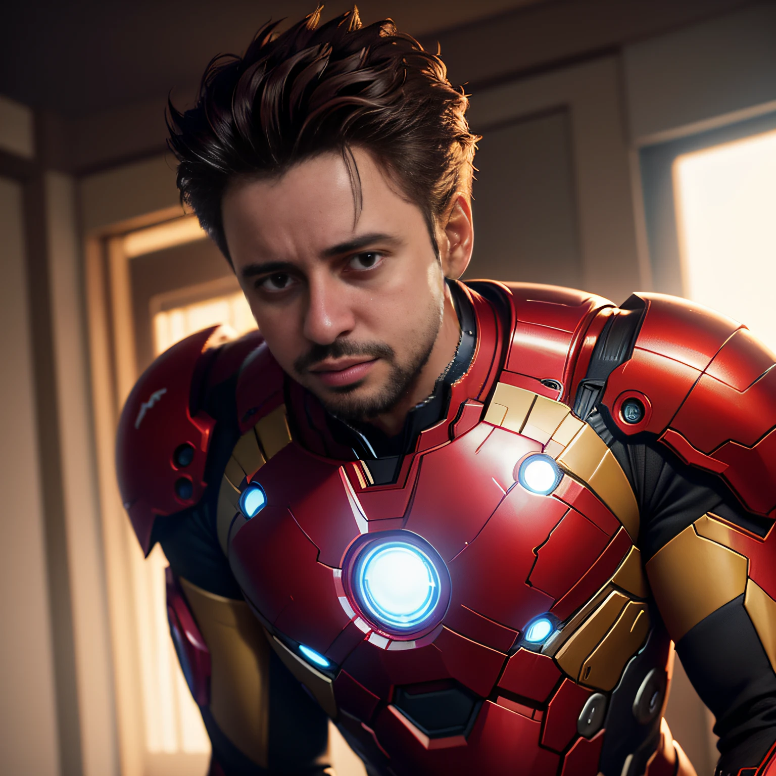 tony stark is iron man ,no helmet, photography,soft lighting, soft details, octane, artstation trending, ultra high detail, ultra realistic, cinematic,16k --auto