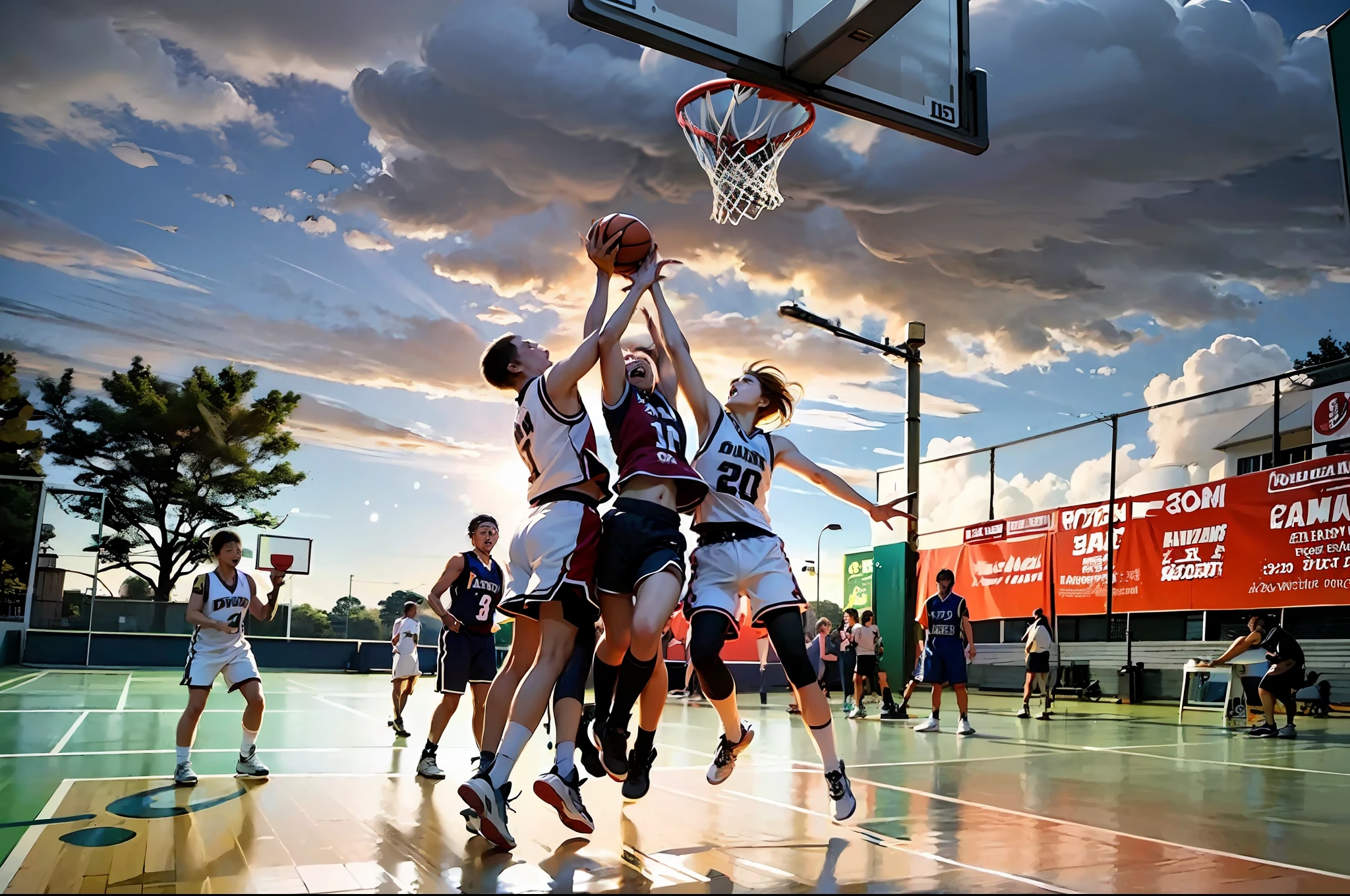 Several people played basketball on a cloudy court, sport photography, Playing basketball, scence of slam dunk, high quality action photography, sport photography, posterized, extreme low angle shot, award winning sports photography, dynamic low angle shooting, extreme low angle long shot, air shot, amazing shot, wide angle dynamic action shot, award-winning shot