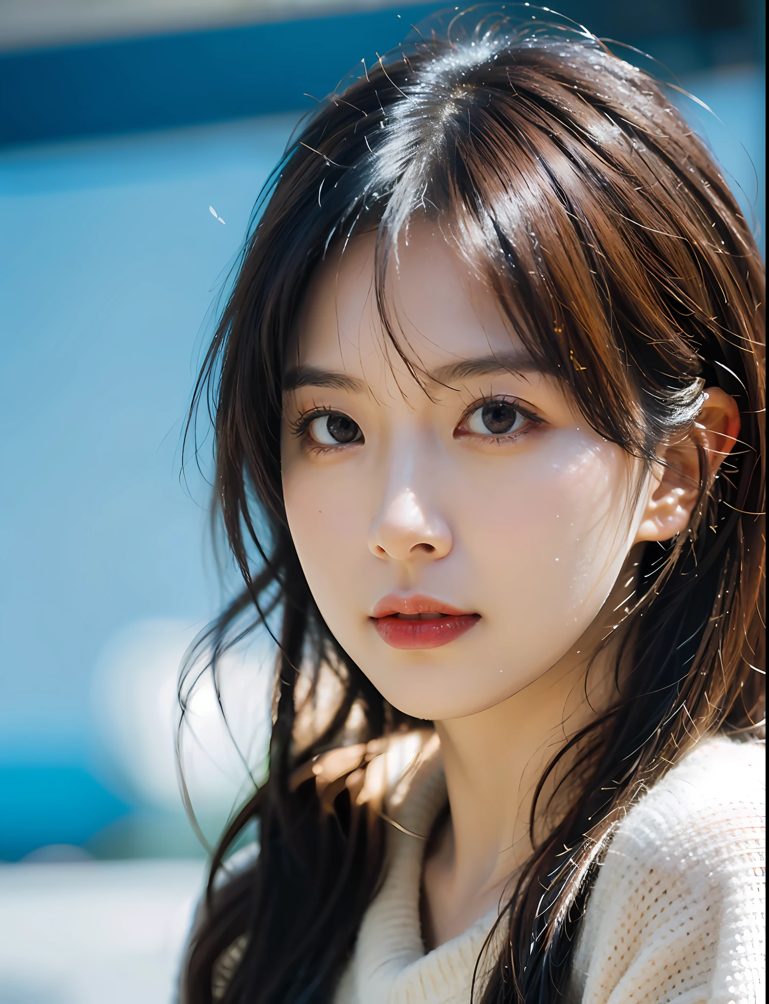 Best Quality, Masterpiece, The ultra-Highres, (film grain:1.4),digital photography, bangss,Cinematic lighting,(fujicolor:1.2) portrait of a,
face closeup,Clear pores,1Girl, looking up at viewer,blue background (Photorealistic:1.2)