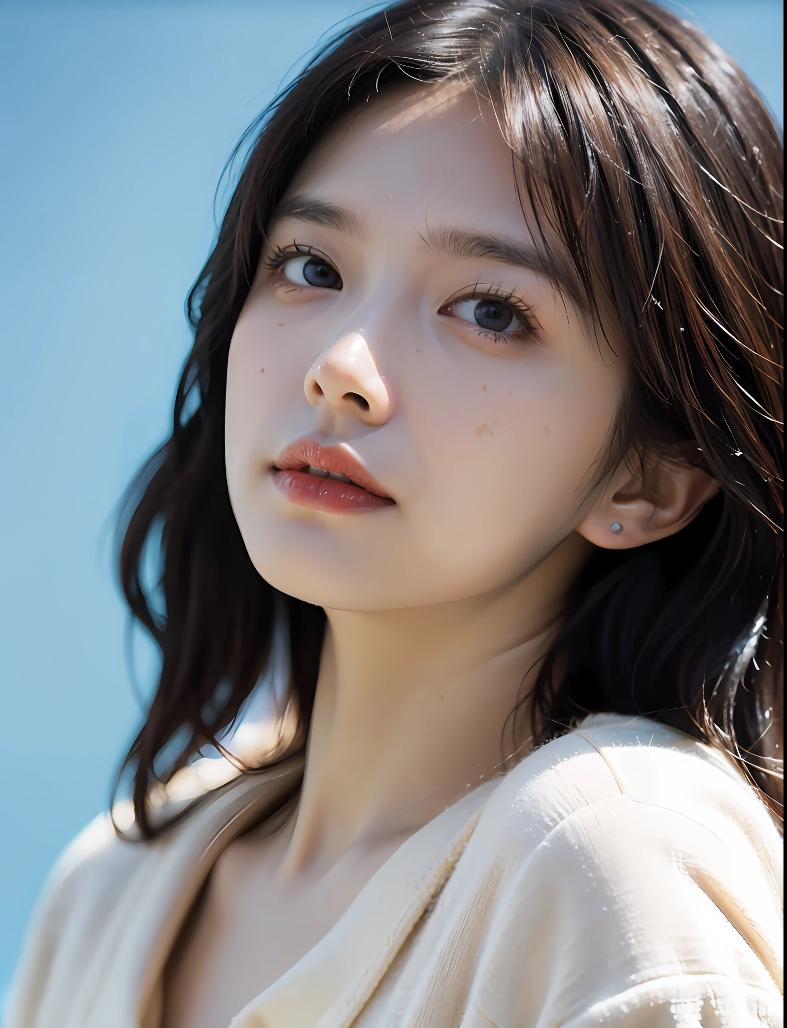 Best Quality, Masterpiece, The ultra-Highres, (film grain:1.4),digital photography, bangss,Cinematic lighting,(fujicolor:1.2) portrait of a,
face closeup,Clear pores,1Girl, looking up at viewer,blue background (Photorealistic:1.2)