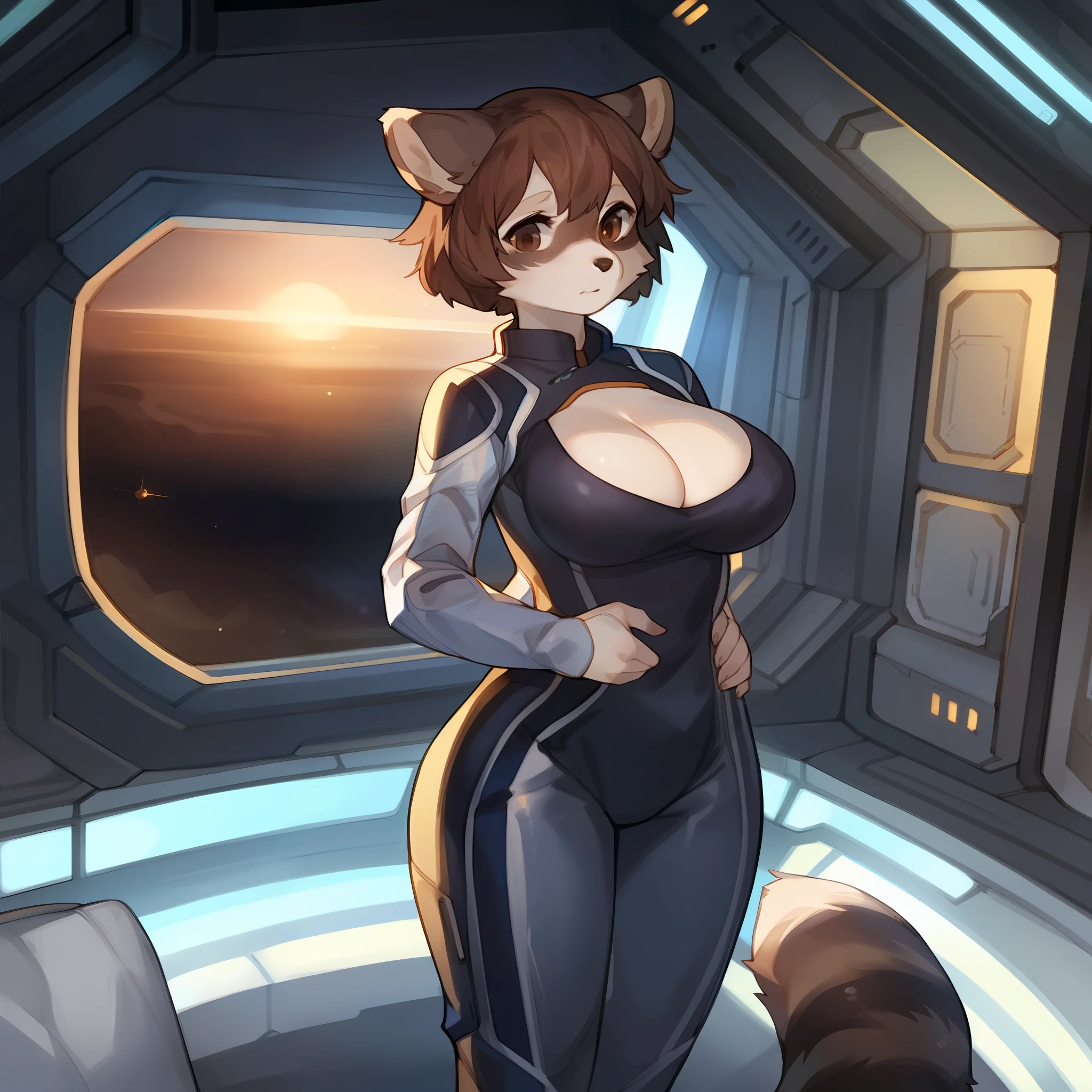 By bebebebebe, by spuydjeks, solo, female, raccoon, brown eyes, brown hair, medium big breasts, bowl cut, spacesuit, standing, spaceship, space, window,