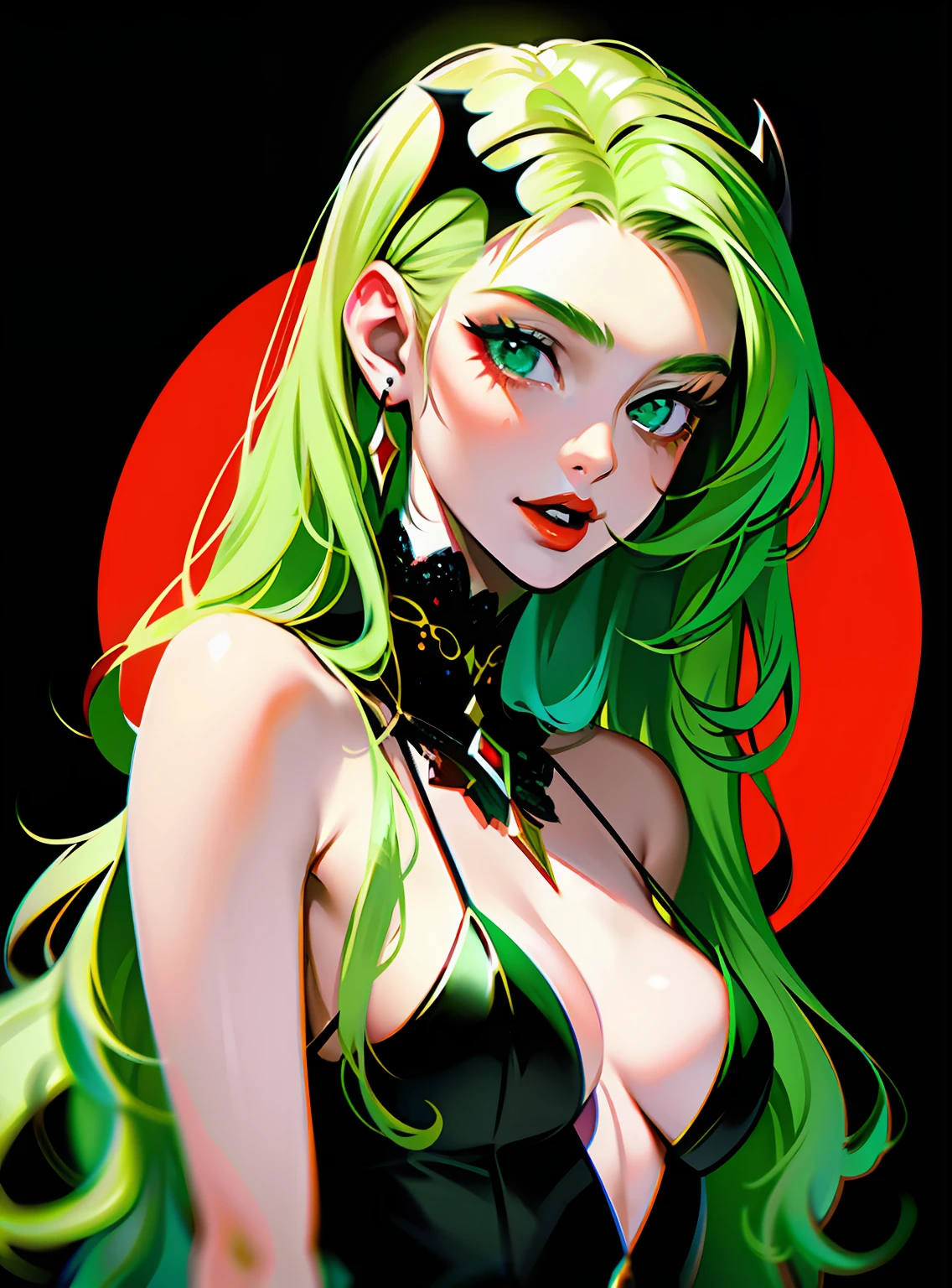 girl with long hair, beautiful vampire, vampire aesthetic, beautiful girl, very beautiful fantasy art, beautiful and elegant female fairy, beautiful detailed fantasy, green and red color palate, green color-theme