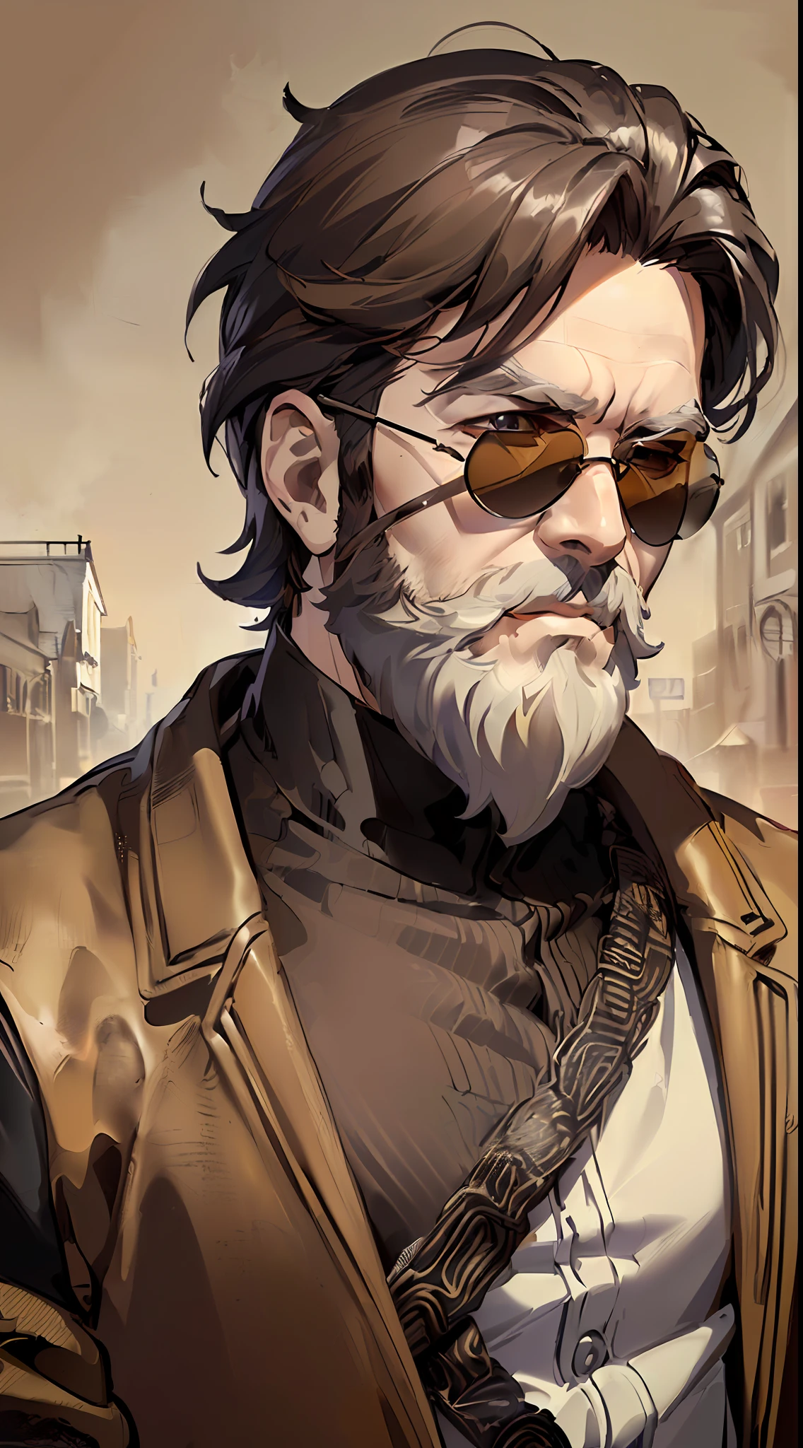 「(8k wallpaper:1.5)、(high-level image quality:1.3)、(animesque, illustratio:1.6)、(male people、独奏、Middle Age:1.4)、(macho、beard、Sunglasses:1.5)、(short-hair、swept back hair:1.4)、(low angles:1.2)、(Long jacket、Rider Suit:1.5)、(In the street:1.3)、(sepia, gradients:1.5)」