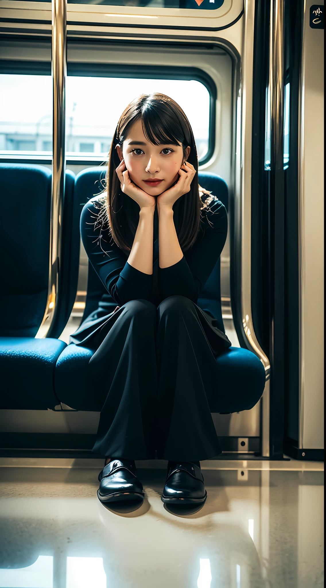 "(Masterpiece, High Definition, Ultra High Definition, 4K) Black hair, 14 years old Japan girl, uniform skirt, emphasizing thighs, white thighs, soft thighs, glossy thighs, sitting on the train, face-to-face angle, (angle from below),sitting in the train seat,Sitting in front,Zoom camera in the crotch,Feet on the train floor,Full body,Looking down and sleepy,Looking at the viewer only", best quality, ultra high definition, (photorealistic:1.4),, high resolution, detail, raw photo, sharp re, Nikon D850 film stock photo by Lee Jefferies 4 kodak portra 400 camera f1.6 lens rich colors hyper realistic lively textures dramatic lighting unreal engine artstation trends cinestir 800,