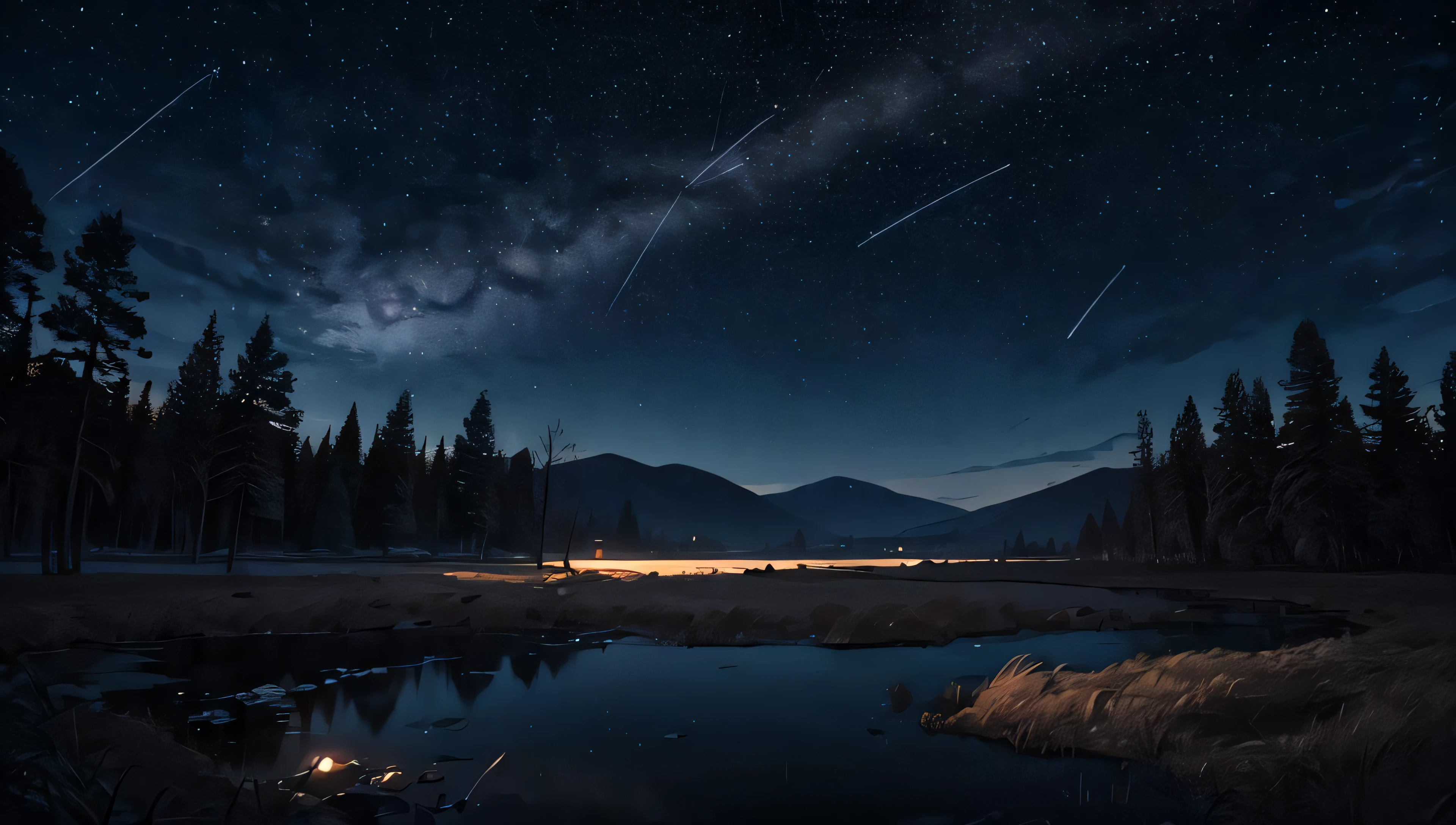 illustration, cartoon, soothing tones, calm colors, beautiful landscape, forest, lake, dark night, nabula, starry sky, shooting stars, 8k, best quality, by ilya kuvshinov, by makoto shinkai
