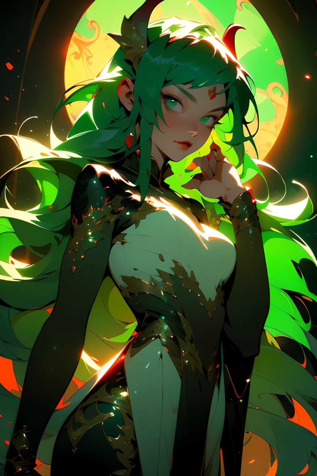 girl with long hair, beautiful vampire, vampire aesthetic, beautiful girl, very beautiful fantasy art, beautiful and elegant female fairy, beautiful detailed fantasy, green and red color palate, green color-theme