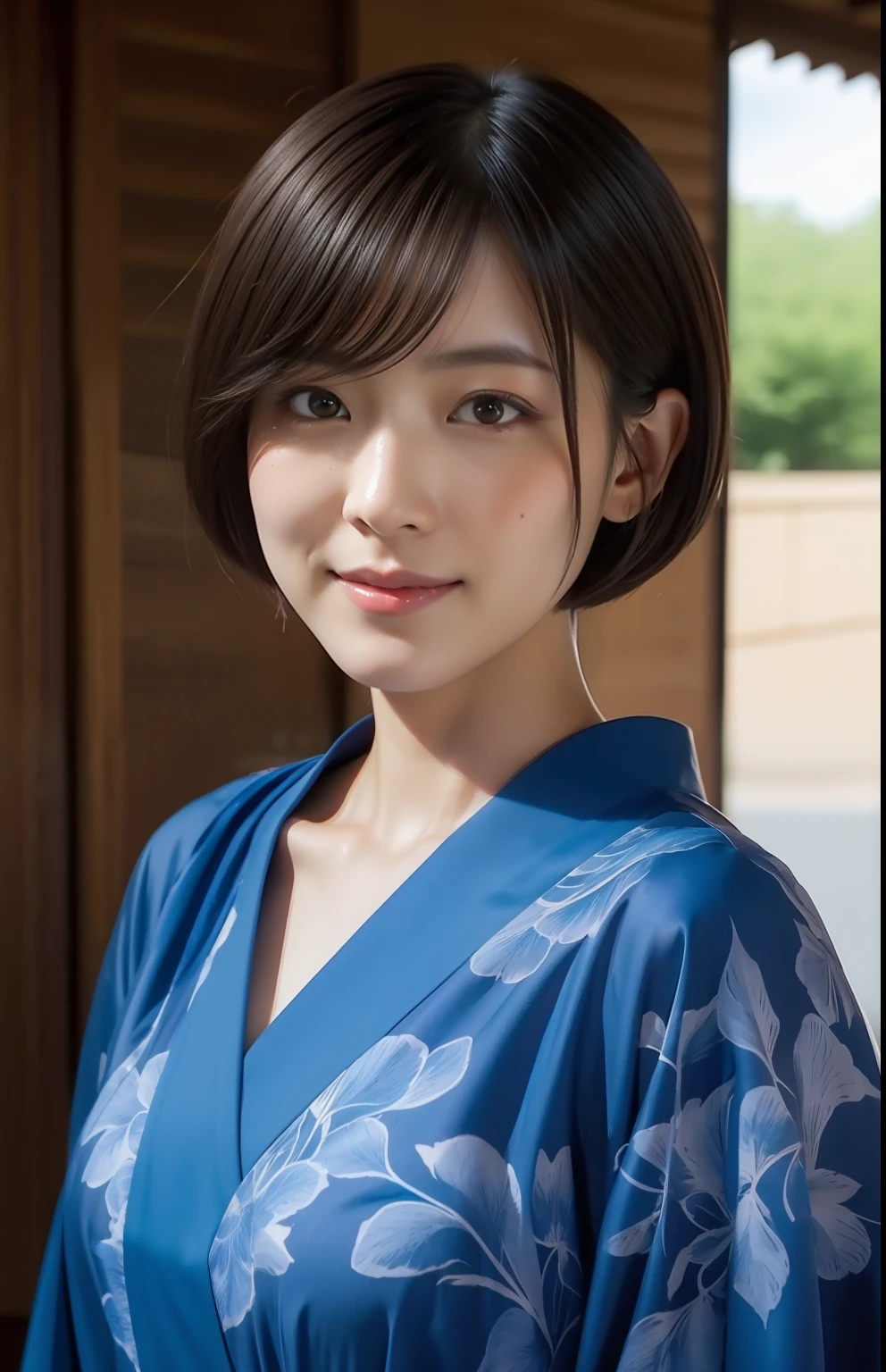 Cute Japan woman in short cut wearing yukata at summer festival,Photorealsitic, highcontrast, 8K HD, detaileds, realistic skin textures, top-quality, 超A high resolution, Raw photo, Dramatic Lighting, unrealengine, Short-cut hairstyles,Beautiful girl model,detaile, hyperdetails, realistic skin textures,Very meticulously