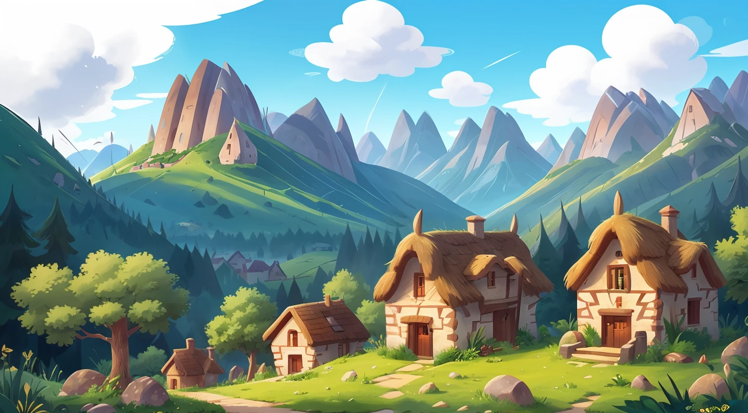 a village with many houses and a square between two mountains