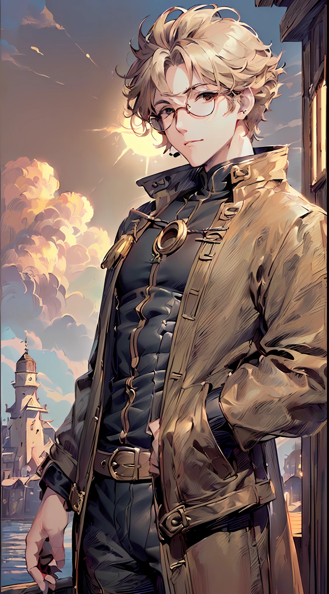 「(8k wallpaper:1.5)、(high-level image quality:1.3)、(animesque, illustratio:1.6)、(male people、独奏、Middle age、Lunette de soleil、Allback:1.8)、（low angles:1.2)、(Long jacket、Rider Suit:1.5)、(sea side、tobacco:1.3)、(sepia, gradients:1.5)」