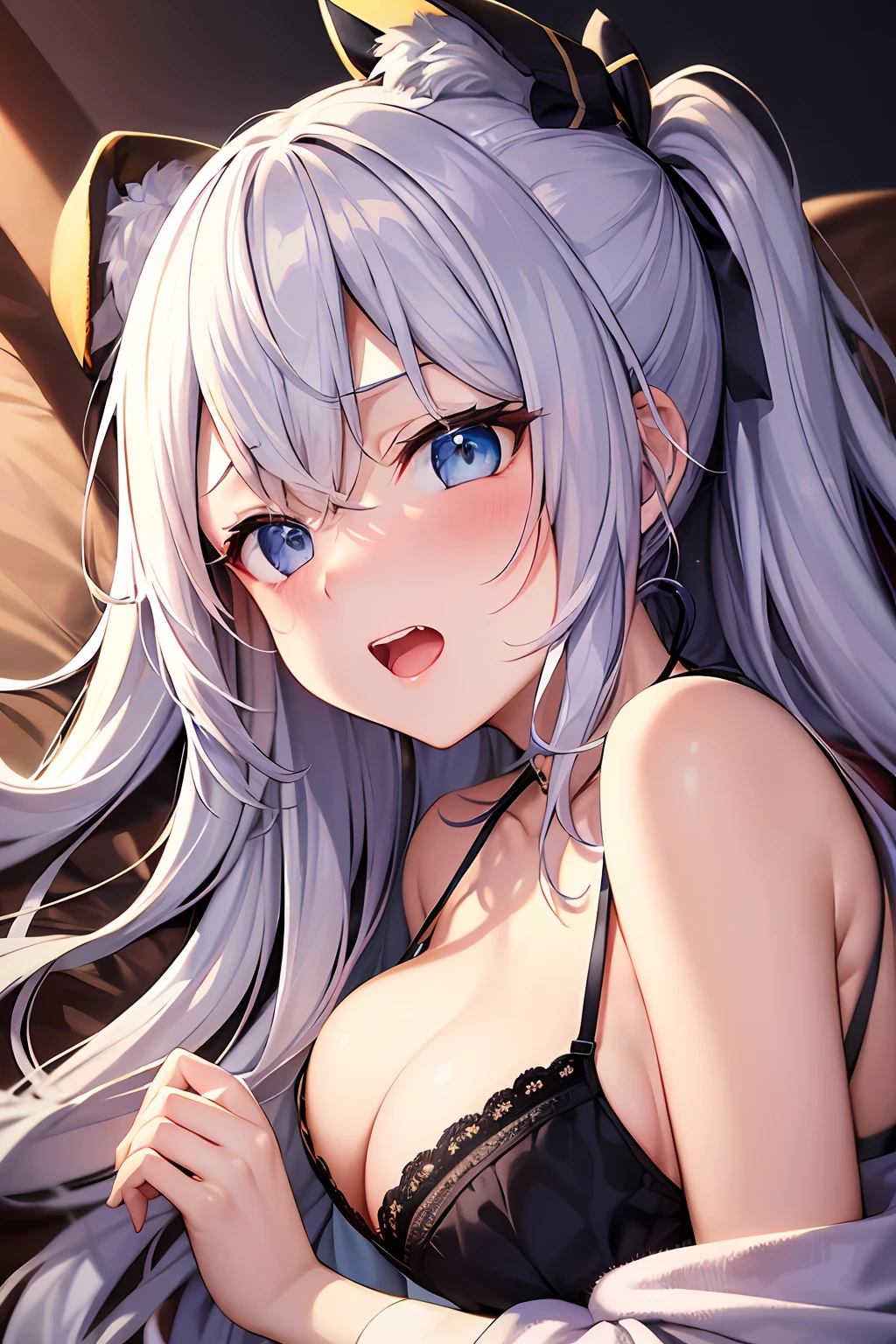 (top-quality、in 8K、32K、masterpiece、超A high resolution、UHD:1.2)、Very pretty girl、(Silver Twin Tail)、undergarment、on the beds、From above、Faces that feel sexual、Blue eyes、red blush、bra very、Striped panties、(Ashamed)、Perfectly trimmed fingers、small tits、((Frightened look))、full bodyesbian、grimacing