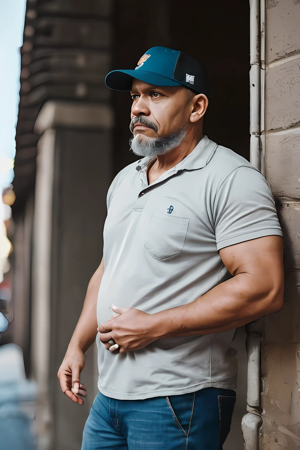 Crie uma imagem impressionante e visualmente cativante de um, Trucker-style man with a great physique, caracterizado por um peito peludo e barriga. Retrate-o confiantemente em frente a uma parede de tijolos, vestindo apenas (((desgaste))), with hands resting on the waist. Emphasize your powerful arms, barba cheia, and the presence of a trucker's cap, hom3m gordo e peludo.. Apply professional color classification techniques to improve visual aesthetics, resultando em um visual polido e envolvente. Utilize sombras suaves e uma limpeza, sharp focus to maintain a cinematic quality reminiscent of film photography. Make sure the composition shows the whole body of the man and conveys a direct look to the viewer, establishing a strong connection and sense of presence.