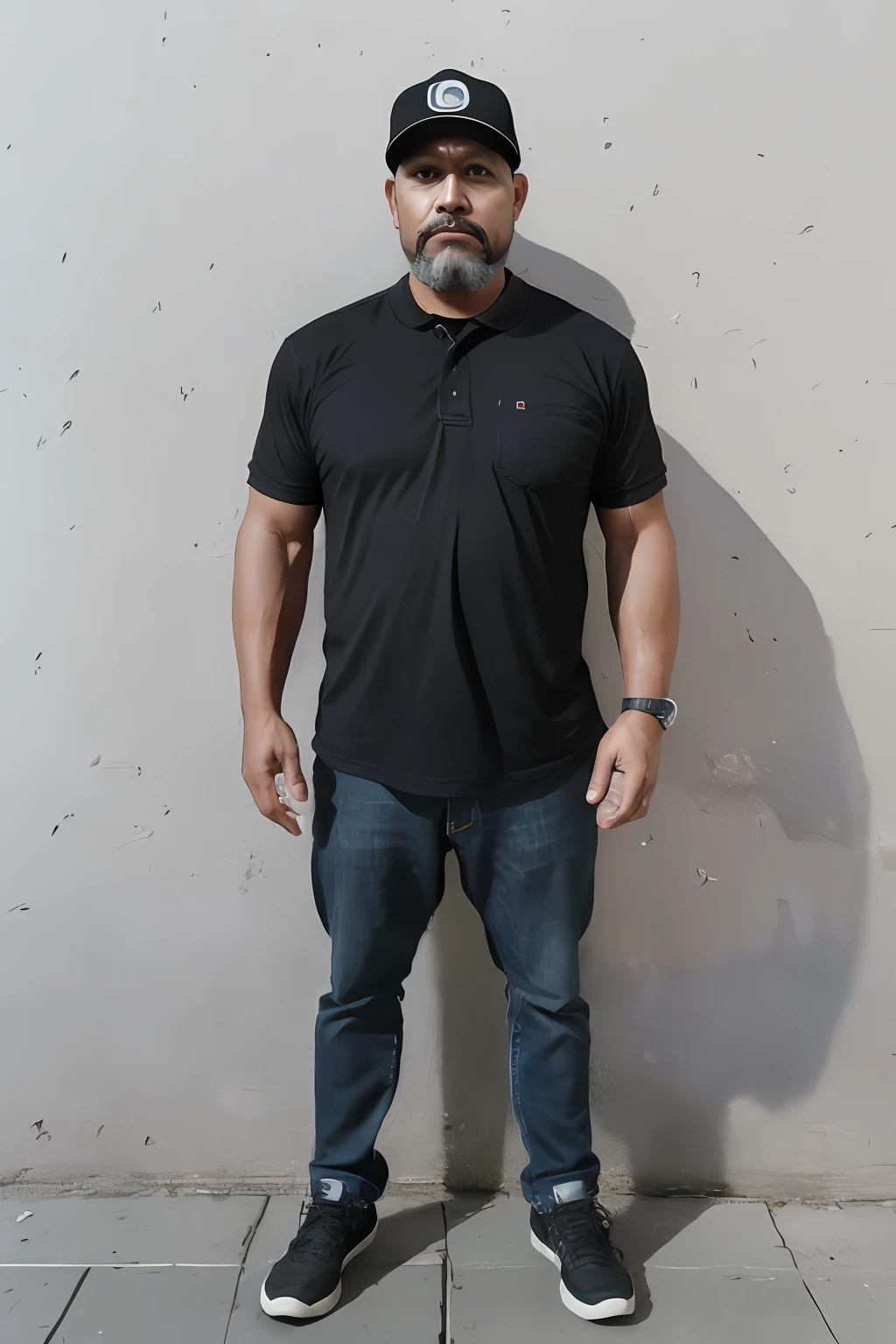 Crie uma imagem impressionante e visualmente cativante de um, Trucker-style man with a great physique, caracterizado por um peito peludo e barriga. Retrate-o confiantemente em frente a uma parede de tijolos, vestindo apenas (((desgaste))), with hands resting on the waist. Emphasize your powerful arms, barba cheia, and the presence of a trucker's cap, hom3m gordo e peludo.. Apply professional color classification techniques to improve visual aesthetics, resultando em um visual polido e envolvente. Utilize sombras suaves e uma limpeza, sharp focus to maintain a cinematic quality reminiscent of film photography. Make sure the composition shows the whole body of the man and conveys a direct look to the viewer, establishing a strong connection and sense of presence.
