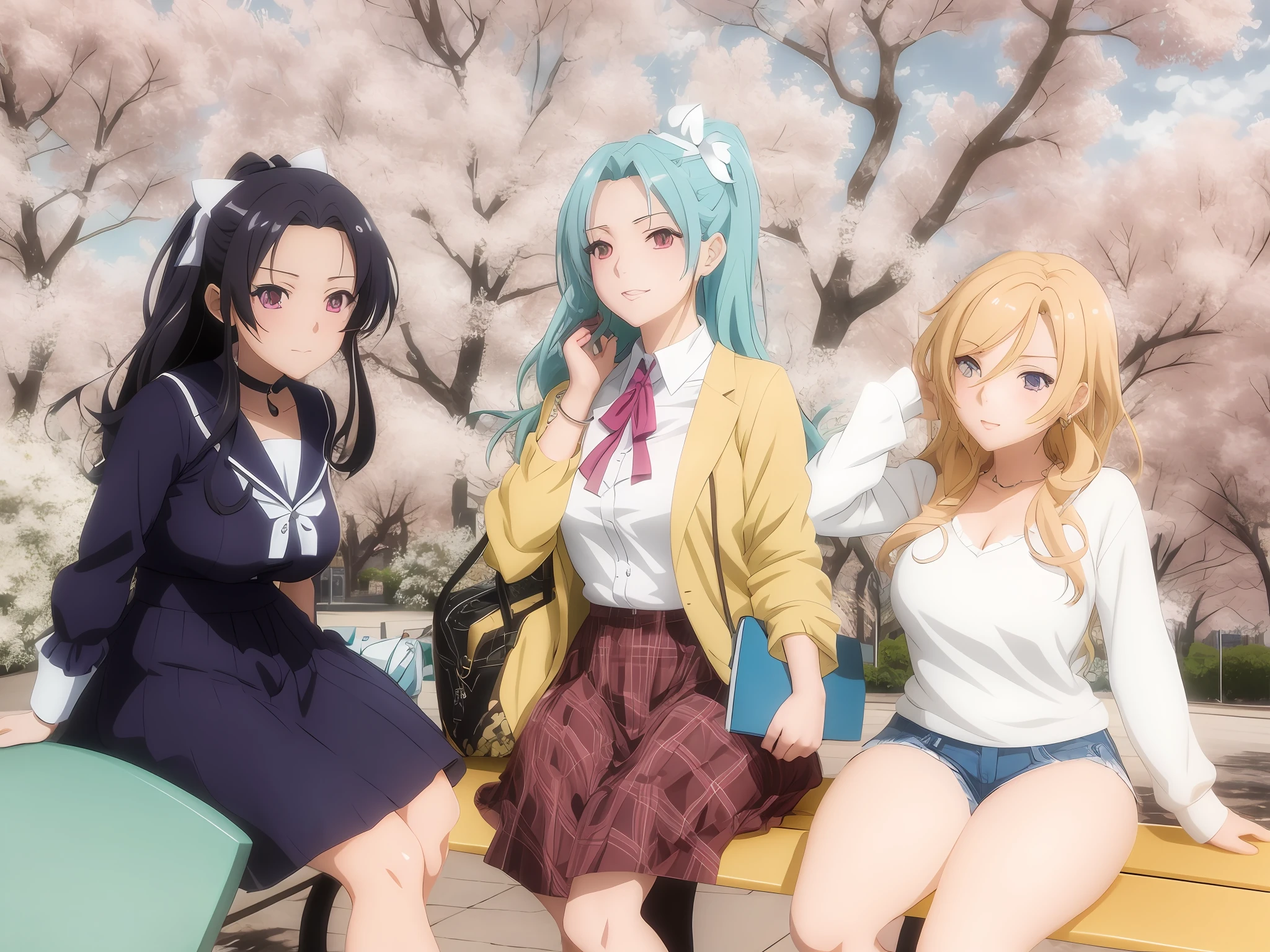 Three women in short skirts sitting on a bench in front of a tree, Anime Girls, Ecchi anime style, digital art in anime style, Anime style. 8K, visual novel cg, In anime style, Anime Art Style, digital anime art!!, my dress up darling anime, Anime Art Style, realistic anime 3 d style, anime style 4 k, digital anime art、Colossal tits、Erotic