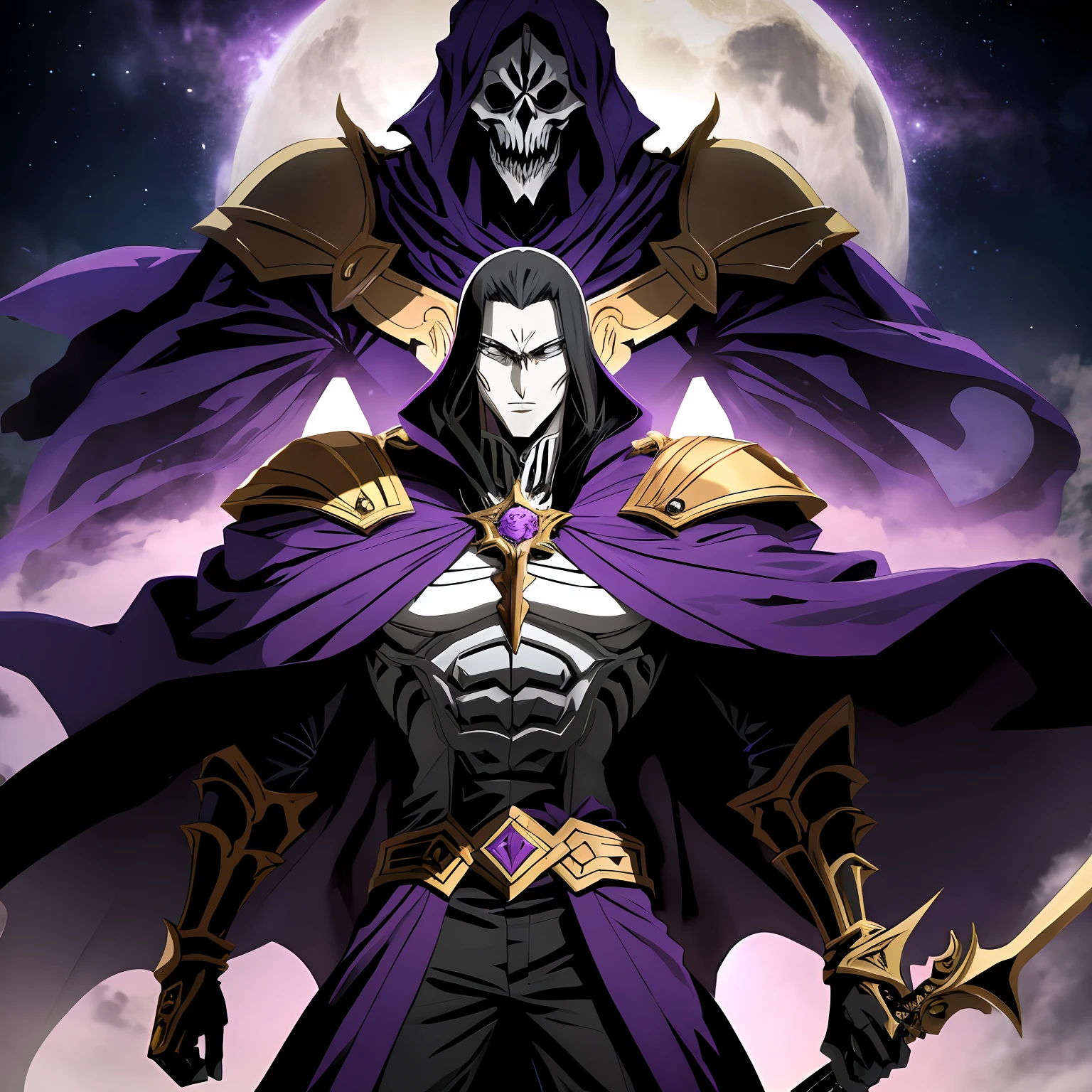 um close up de uma pessoa toguro com uma espada e um manto roxo, Ainz Ooal vestido, Overlord!!!, Overlord, de Overlord, Deus masculino bonito da morte, Overlord Temporada 4, Rei do Ceifador do Tempo, Arte Oficial, Retrato do Deus da Morte, O Rei da Morte, Ish, Albedo do anime Overlord, deus da morte