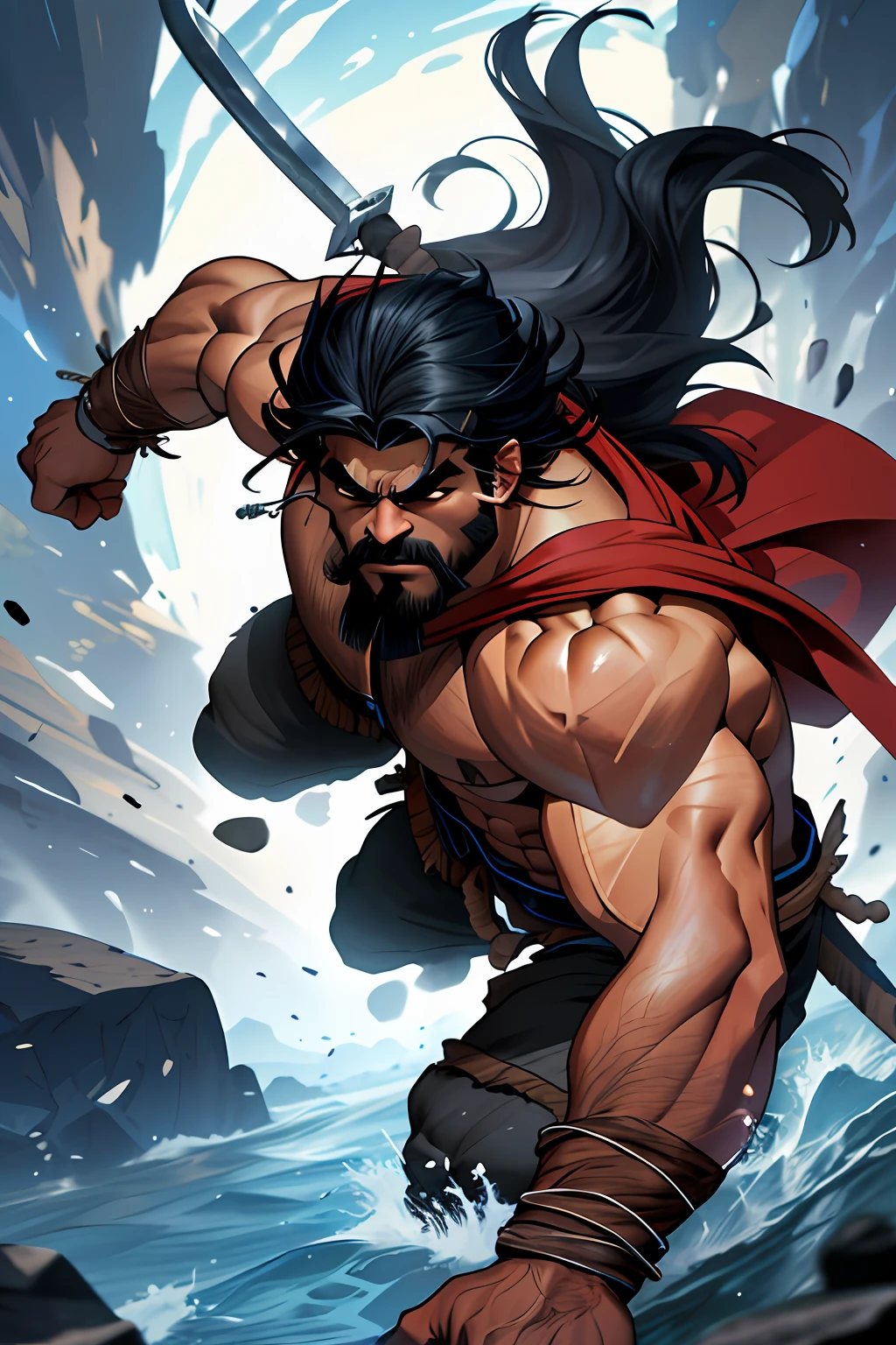 melhor qualidade, obra-prima, ultra high-resolution, fundo detalhado,realista, Hadesstyle, sozinho,macho, maduro, somente, musculoso, macho maduro, cabelo longo, male barbarian face ,necromante , action, Barbarian Conan.