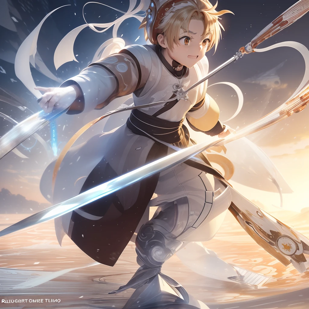 (((Rudeus))),((Obra-prima do anime))), Sem humanos, (sozinho), shooting multicolored fireball at the tip of a stick that is in the hands, vortex, particuls, (standingn), 1 garoto, ambiente de fantasia, (((rindo))), (((((((((((lateral))))))))
