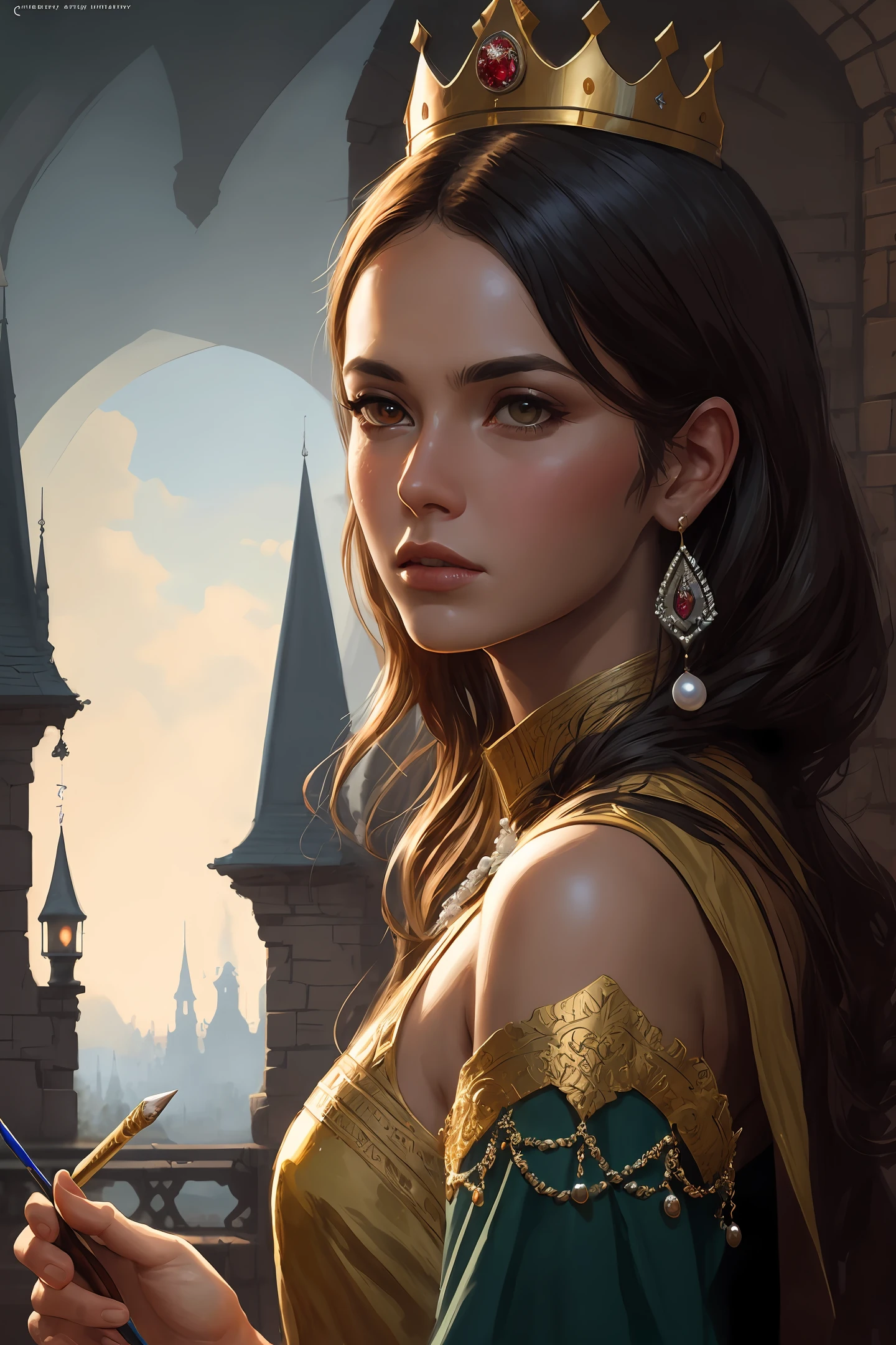 modelshoot style, (extremely detailed CG unity 8k wallpaper), full shot body photo of mirt4, the most beautiful artwork in the world, blonde, english medieval witch, green vale, pearl skin,golden crown, diamonds, medieval architecture, professional majestic oil painting by Ed Blinkey, Atey Ghailan, Studio Ghibli, by Jeremy Mann, Greg Manchess, Antonio Moro, trending on ArtStation, trending on CGSociety, Intricate, High Detail, Sharp focus, dramatic, photorealistic painting art by midjourney and greg rutkowski