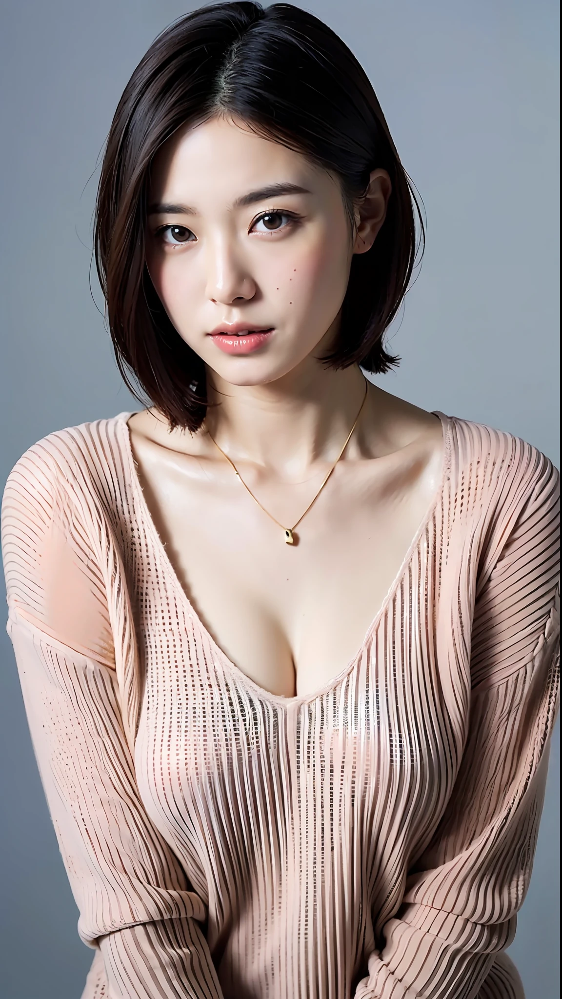 (Best quality, 8k, 32k, Masterpiece, UHD:1.2),Photo of Pretty Japanese woman, large breasts, very short bob hair,upper body,face focus,(oversized_sweater,:1.1) necklace, simple background, looking at viewer, leaning forward,