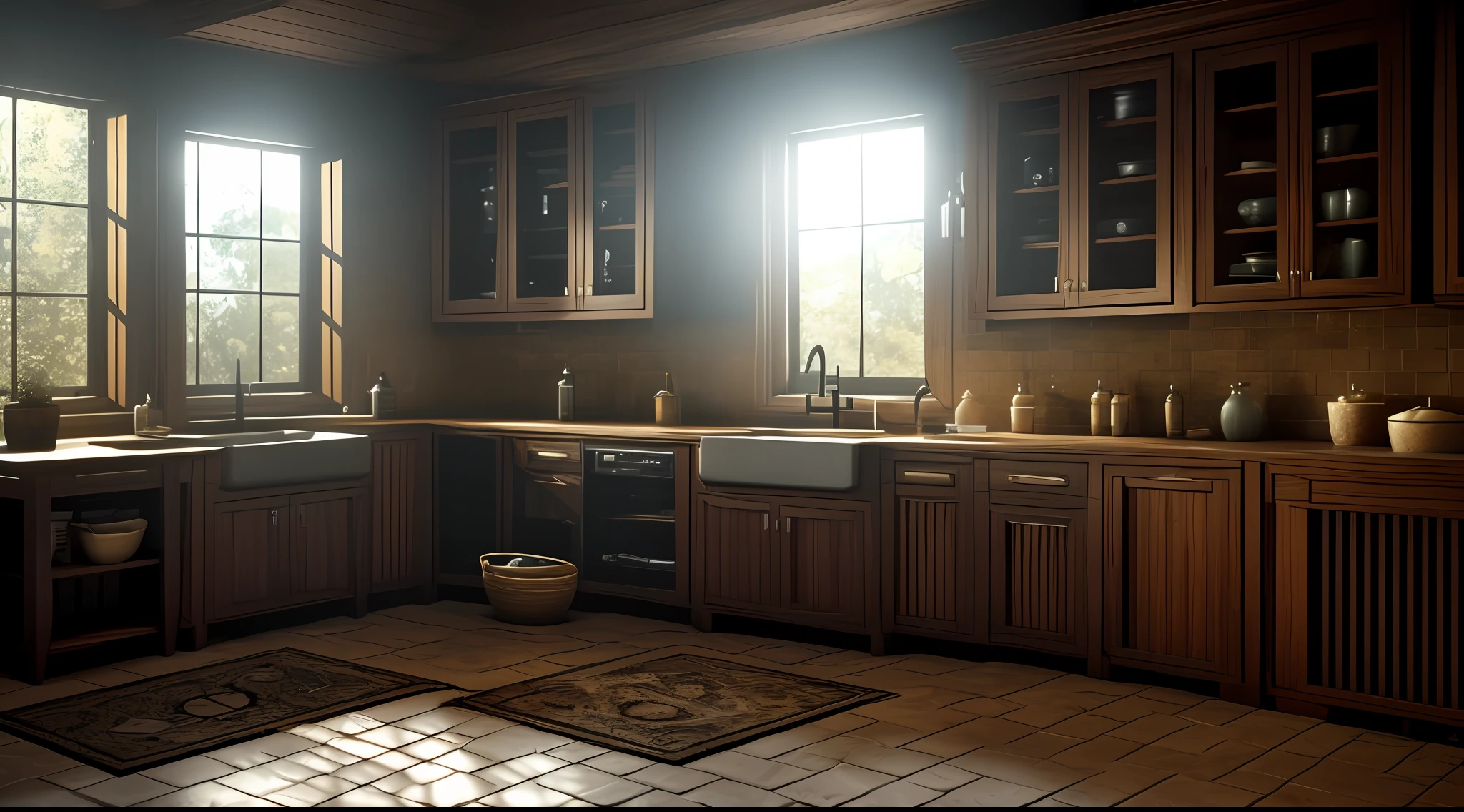 a dimly lit room with a sink and counter, corona render, [ horror game ], point and click adventure game, complex 3d scene, rendered lighting, counterpoint, concept art, animation style rendering, contrejour lighting, contrejour, contrast volumetric light, scene rendering, computer generated --auto
