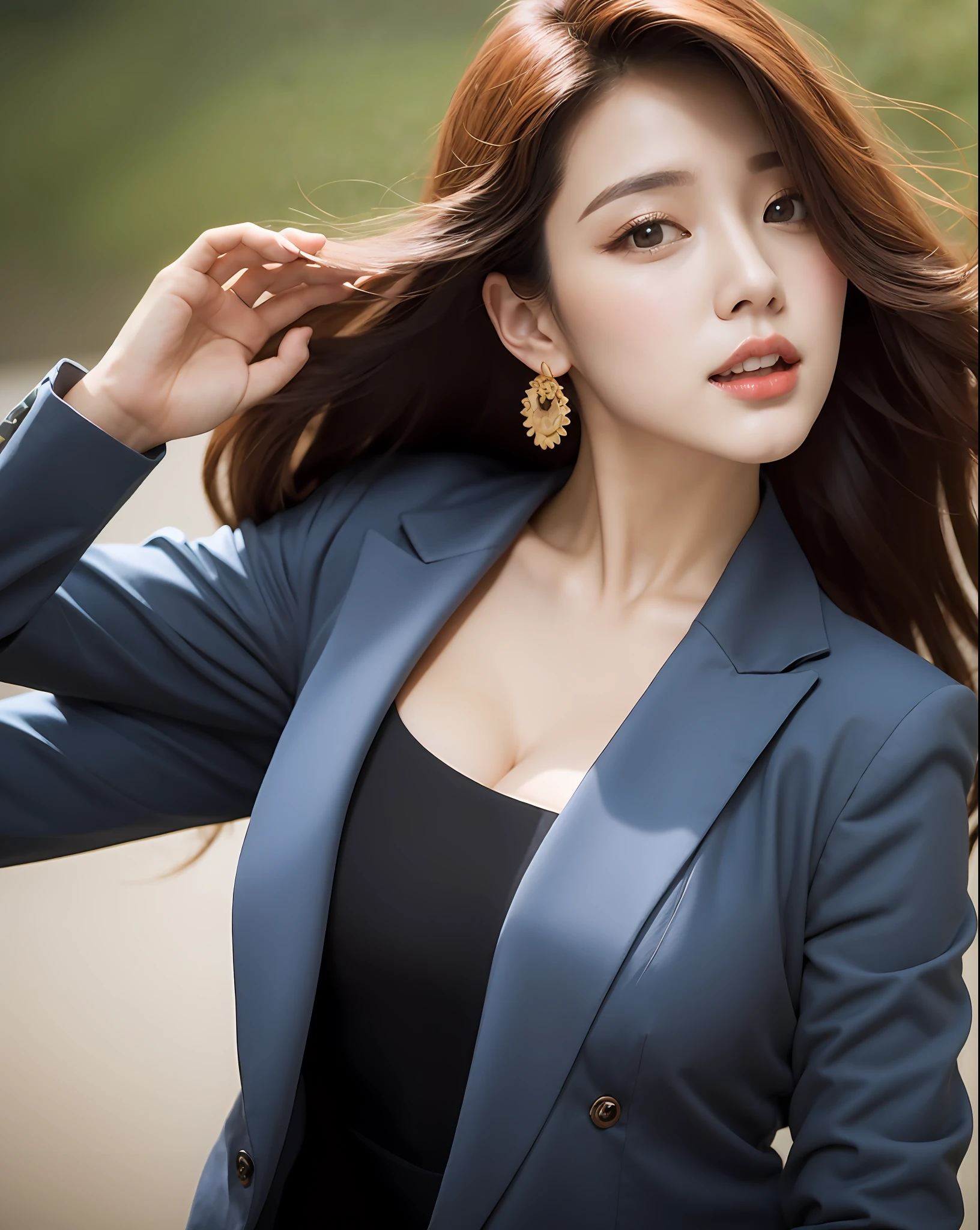 Arapei asian woman posing for photo with long red hair, Gorgeous young Korean woman, beautiful Korean women, Beautiful young Korean woman, sun yunjoo, Choi Hyun-hwa, hwang se - on, Korean girl, generous cleavage open jacket, Song Yuwei, Lee Ji-eun, Korean woman, park jimin, smooth white tight clothes suit