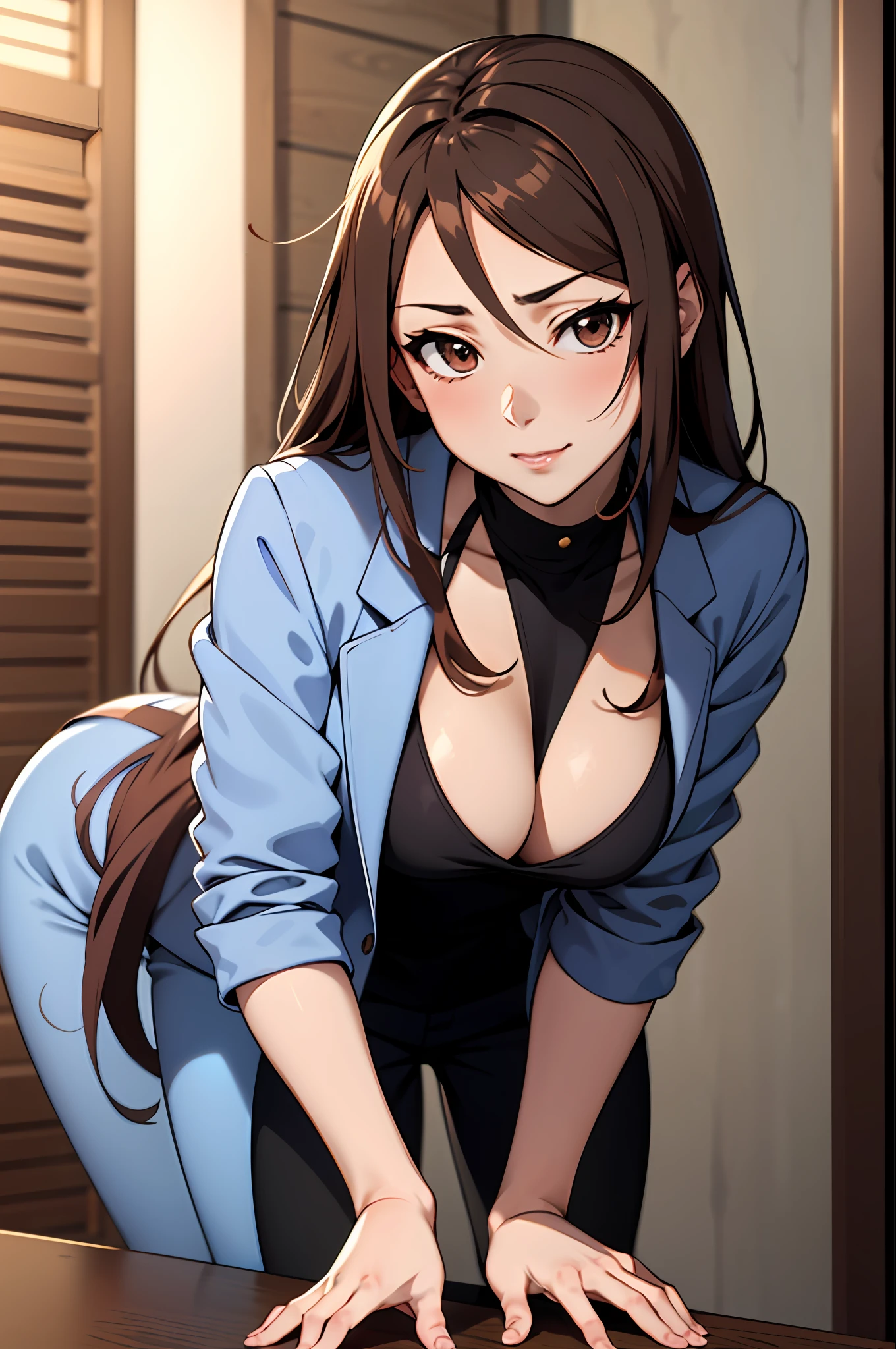 Anime girl in blue suit with black top and brown hair, Seductive Anime Girl, Ecchi anime style, , beautiful alluring anime woman, bending forward,Kamimei,