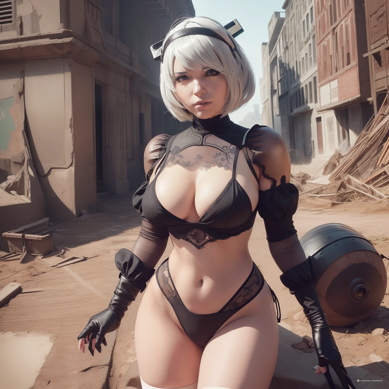 (((2b of Nier the automata ))) (((pecho grande))) cuerpo perfecto, pose caliente,Retrato de cuerpo entero ,Como estilo de renderizado de motor irreal, esthetic, Sorprendentemente hermoso momento sincero,(((una chica full))) body vintage aesthetic, cuerpo completo,en el fondo se ven robots destruidos ,35mm film feel, 16k, lumen –ar 9:16 –v 5.1 –q 2 –c 6 –raw ,Big style, muslos torneados usa su ropa ajustada