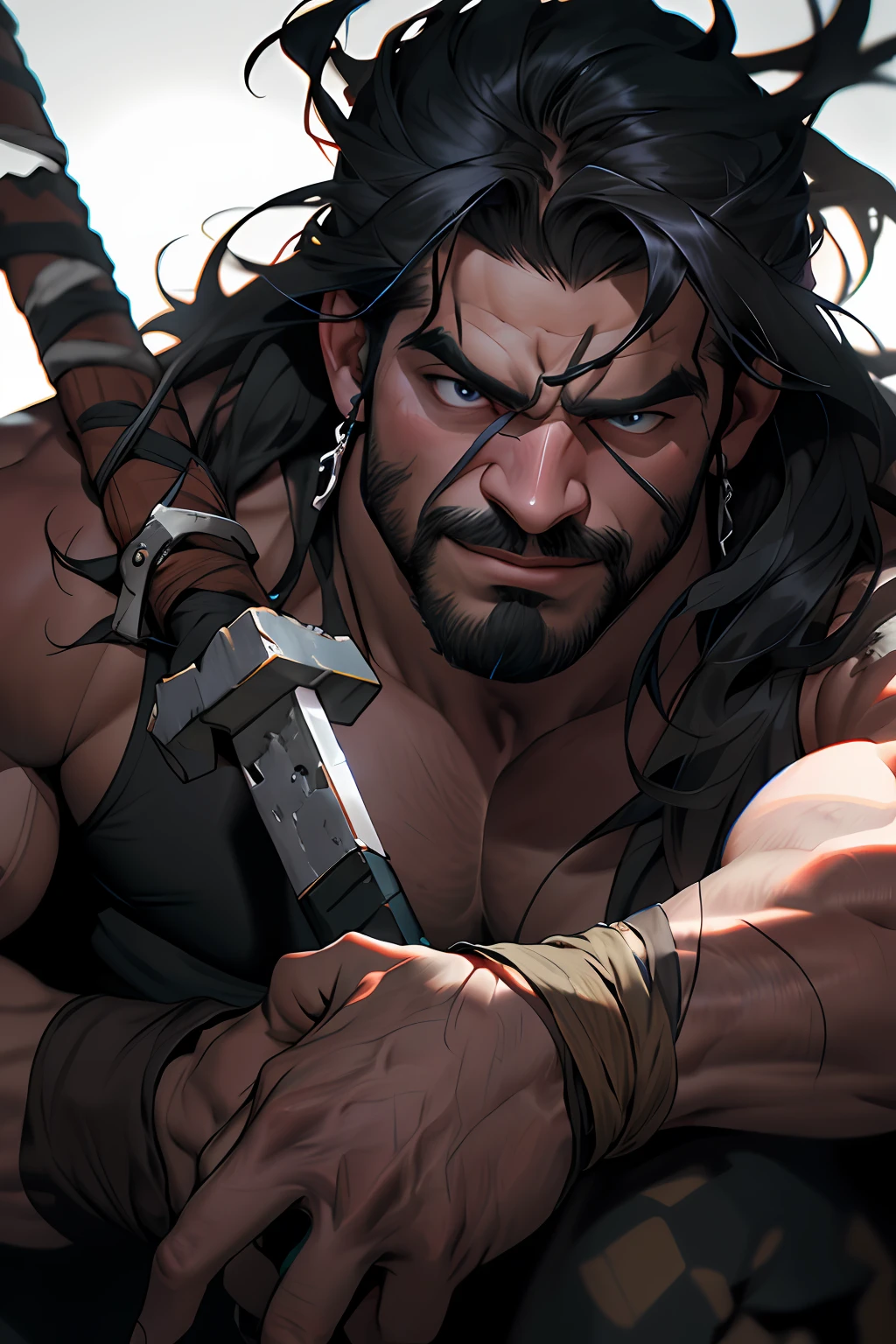 melhor qualidade, obra-prima, ultra high-resolution, fundo detalhado,realista, Hadesstyle, sozinho,macho, maduro, somente, musculoso, macho maduro, cabelo longo, male barbarian face ,necromante , action, Barbarian Conan.