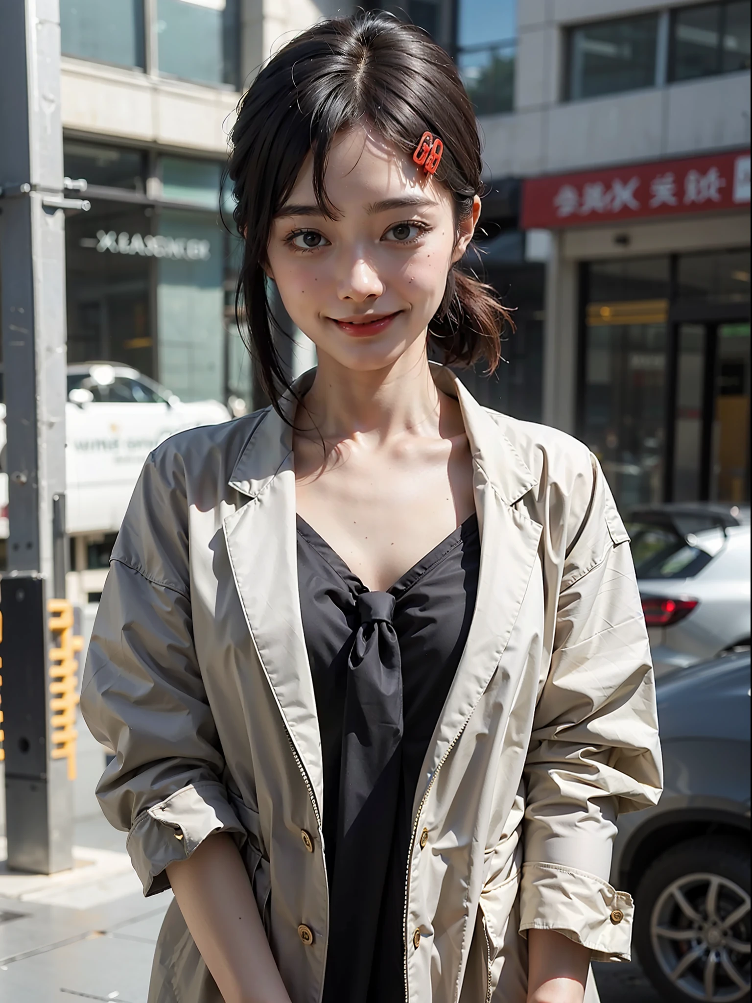 1girl, waist up, light smile, shiny skin
Best quality, masterpiece, (photorealistic: 1.4), dressed in black office clothes, jacket and tie
