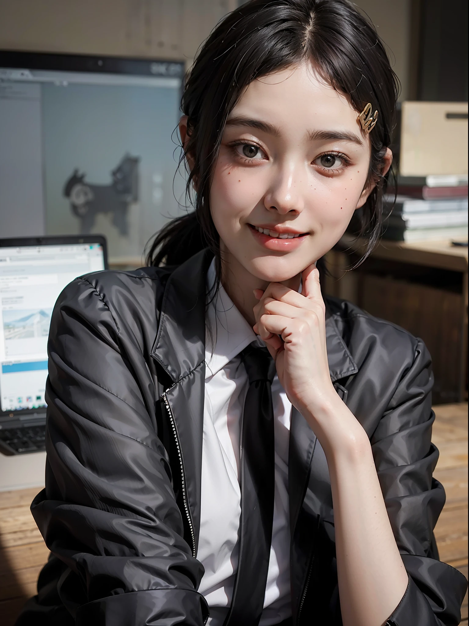 1girl, waist up, light smile, shiny skin
Best quality, masterpiece, (photorealistic: 1.4), dressed in black office clothes, jacket and tie