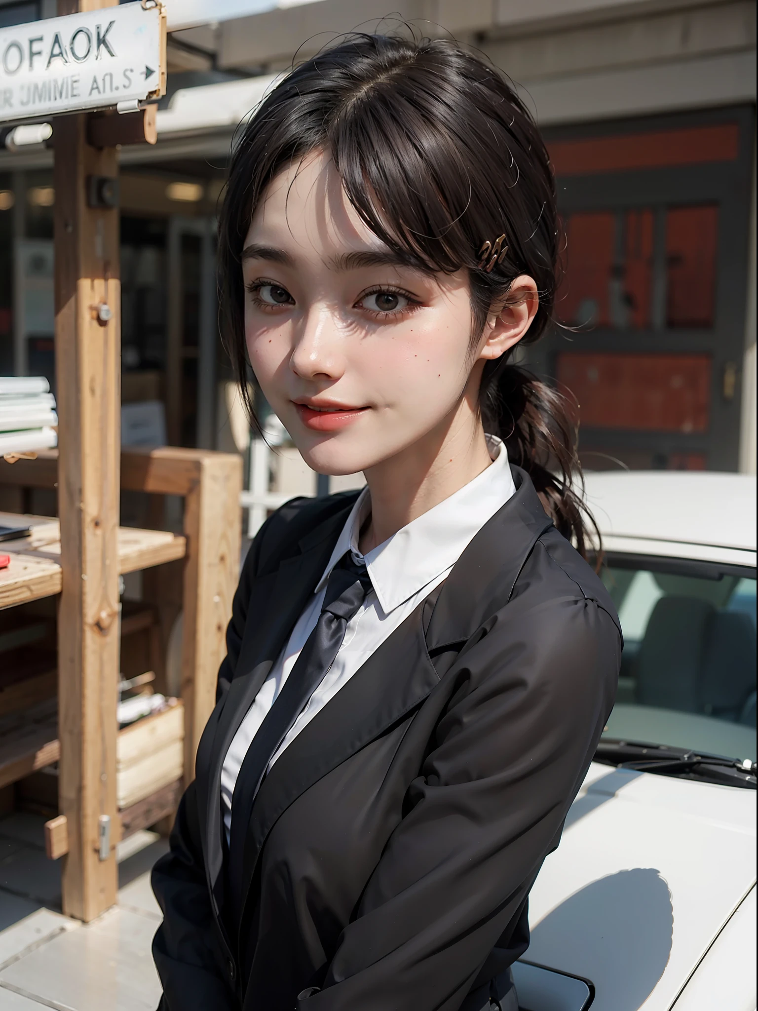 1girl, waist up, light smile, shiny skin
Best quality, masterpiece, (photorealistic: 1.4), dressed in black office clothes, jacket and tie