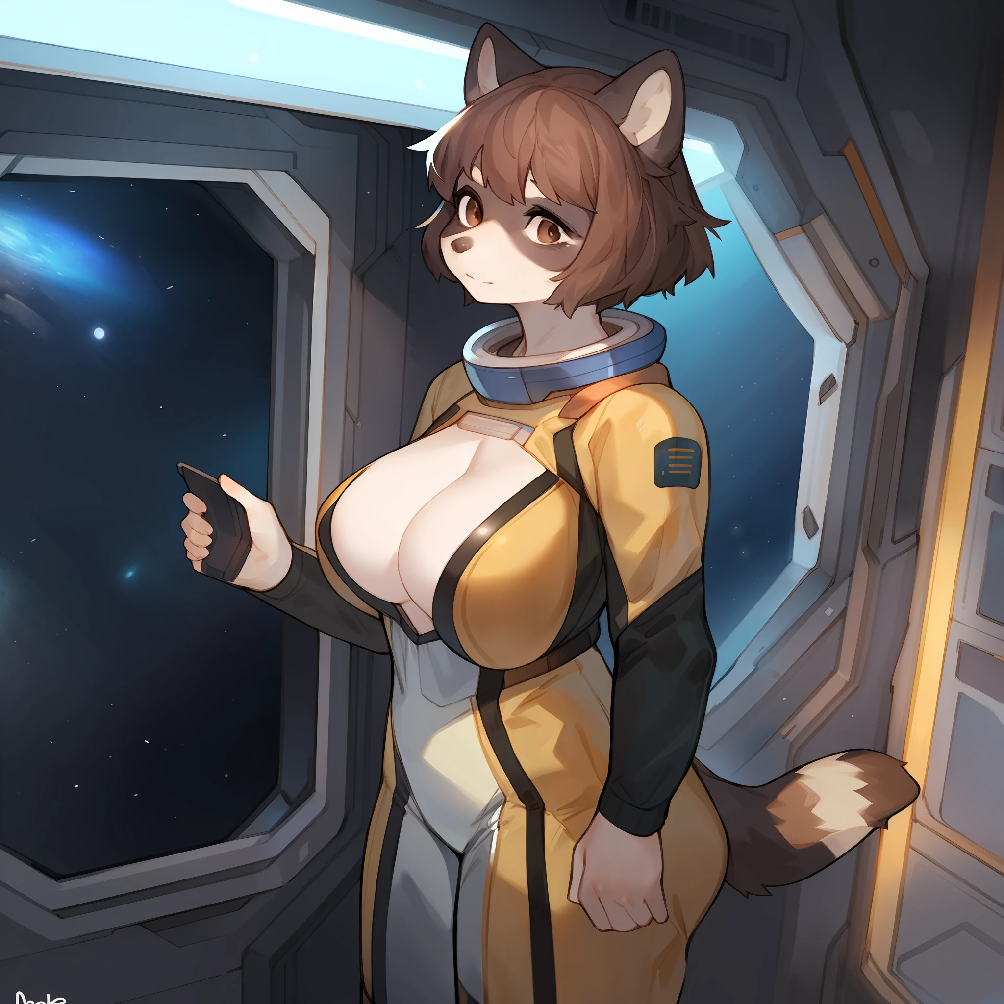 By bebebebebe, by spuydjeks, solo, female, raccoon, brown eyes, brown hair, medium big breasts, short hair, swept bangs, spacesuit, standing, spaceship, space, window,