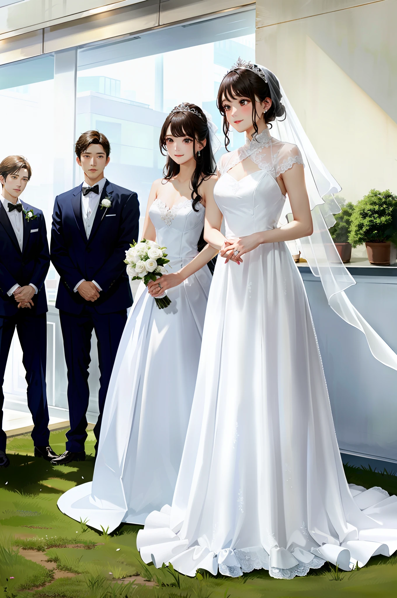 wedding gown:Elegant,𝓡𝓸𝓶𝓪𝓷𝓽𝓲𝓬,Full body like。Each paragraph must have a positive、sidefellatio、anti,Three figures