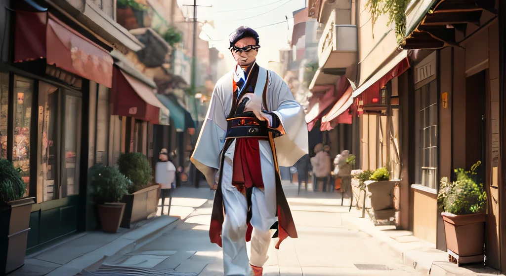 A boy in Hanfu, ComicArt, Walk the bustling streets, soft light, Full Length Shot(FLS), black hair, over-rim eyewear, grin