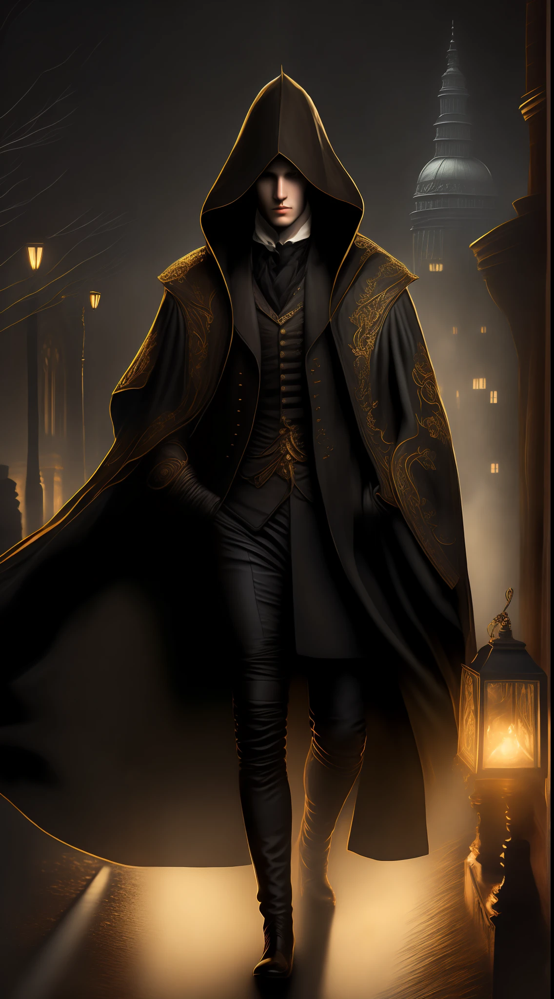 1800s foggy London background with linocut, full body shot, walk, 1 male, cool eye with golden eyes, sharp looking, sharp face, evil smile, drop one jaw, dark brown and gray hooded cloak, put on hood, holding two-daggers, black leather suit, black leather boots, slender body, rave fashion with holography style, black lighting, super fine illustration, extremely detail, 8k, shabby chic,