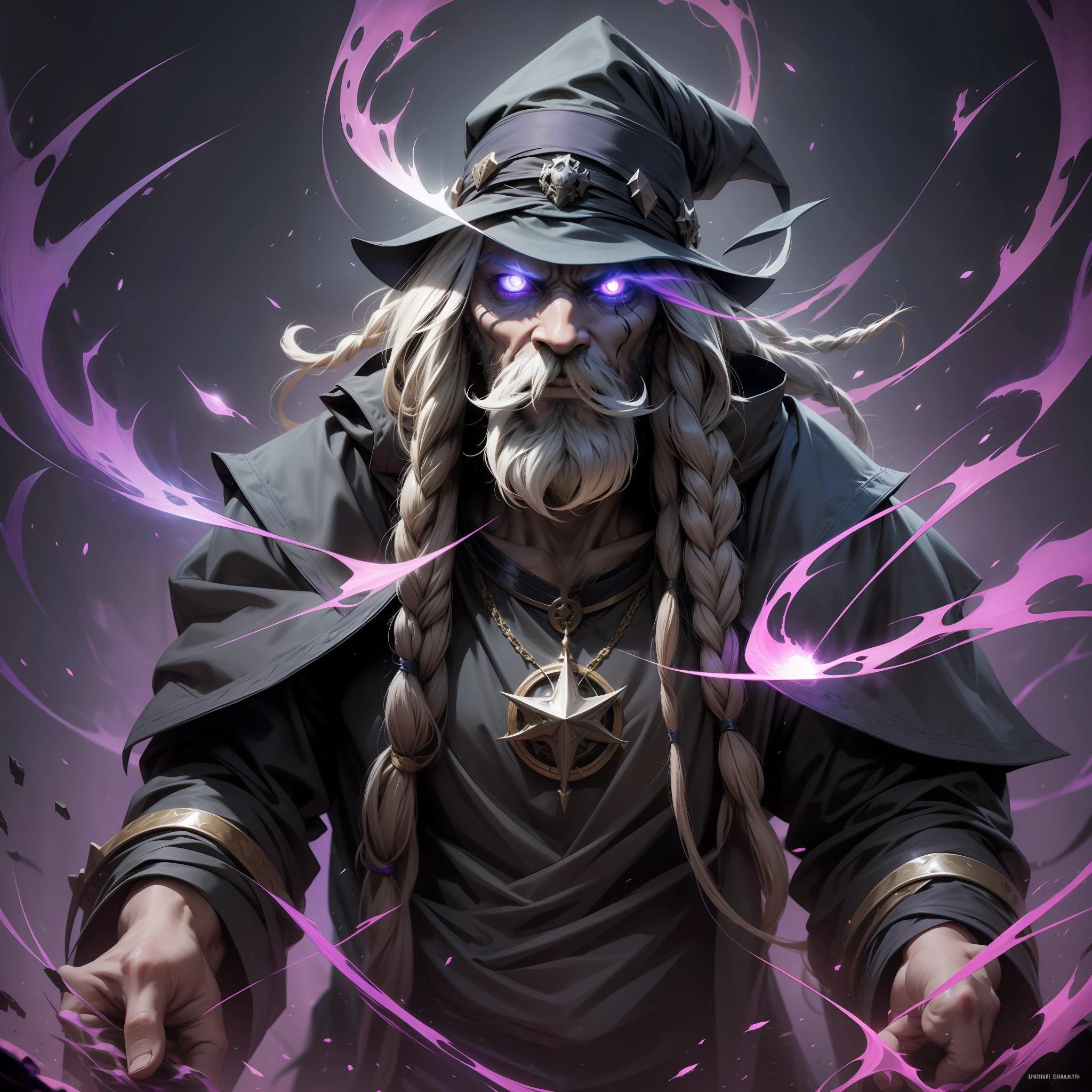 A villainous black and bearded wizard man with dreads hair unleashing a dark magic with purple and blue hues emanating letters and numbers everywhere inside a dark and dark dungeon with his eyes shining brightly with a villain pose showing all his power