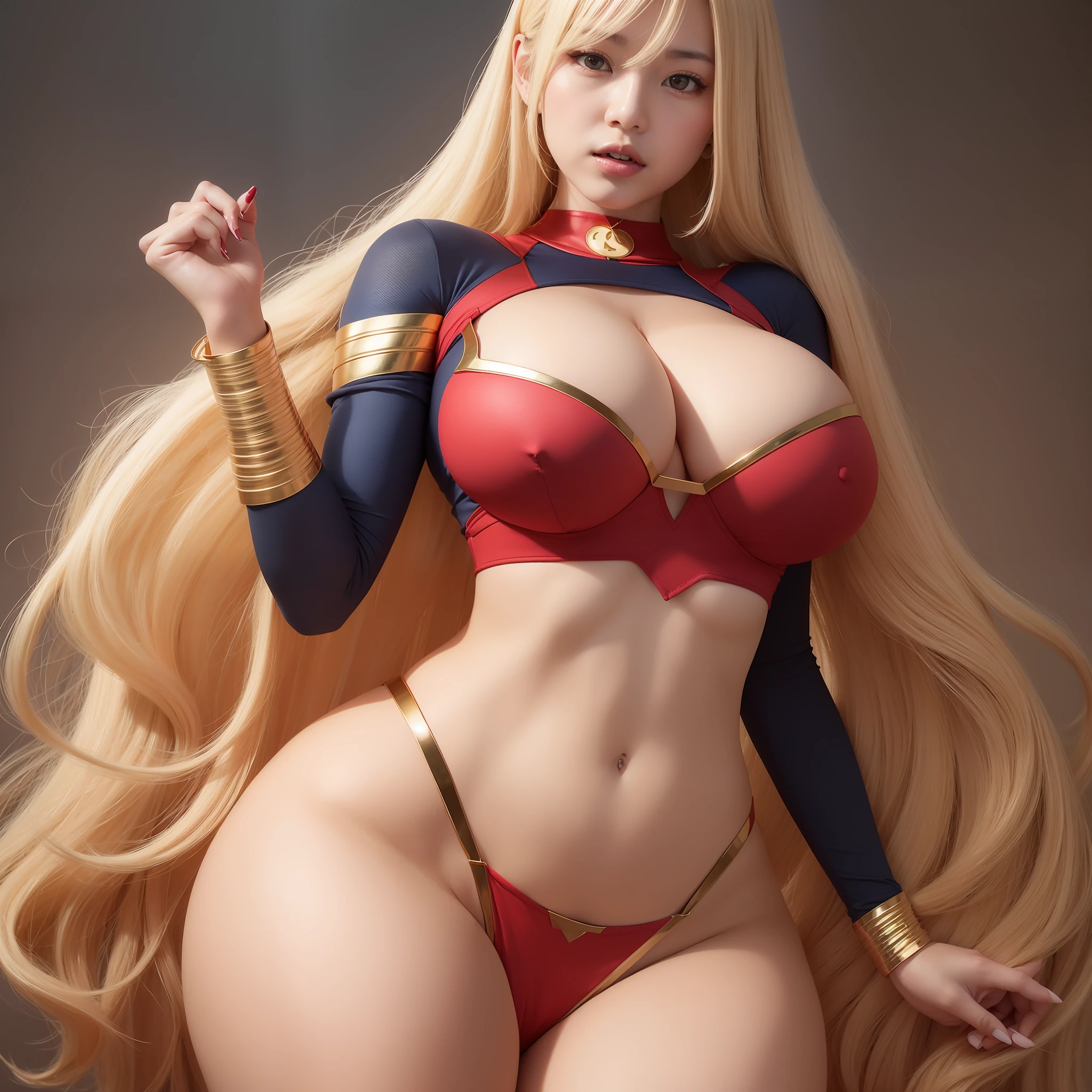 Asian woman with super girl outfit with golden hair with big breasts detailed big thighs detailed voluptuous oppai with thighs out
