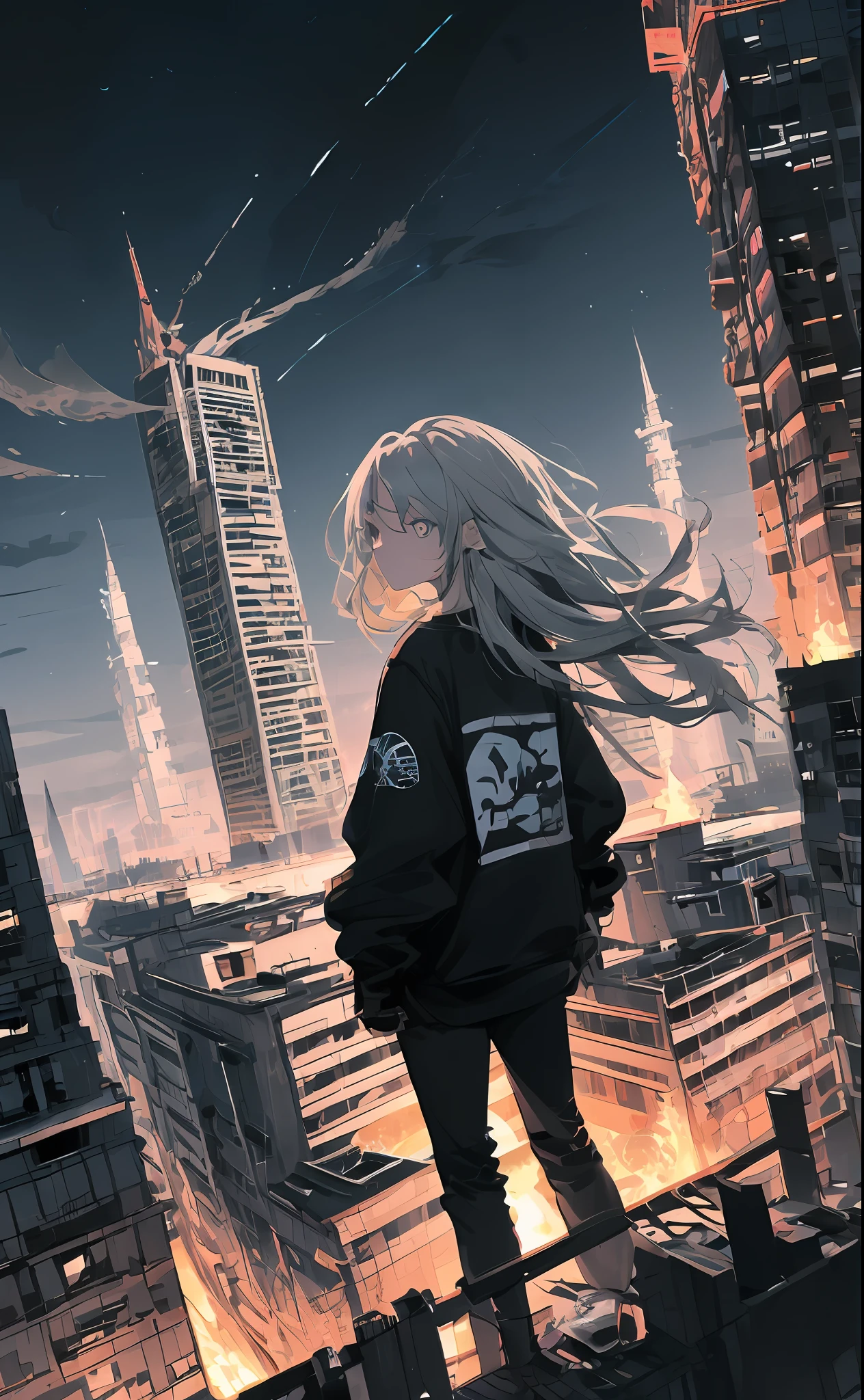 (tmasterpiece, beste-Qualit),From directly above, a 1girl, 独奏, stands on the roof, billboard, Adult, Cyan eyes, A detailed eye, White long hair, the wind, building, The city, cloudy skies, black baggy clothes, Shoes, tap \(machine\), dutch angle, from on the side, empty look, looking a viewer, exteriors, roof, The sky, skyscraper, (ruined city:1.2), war, (fire), garbage, ((ciberpunk)), detailed clothes, Black pants, black sweatshirt, (dark sky:1.3), city   of the future, hopeless, ((end of the world, the night)), spaceship in the sky, Smoke