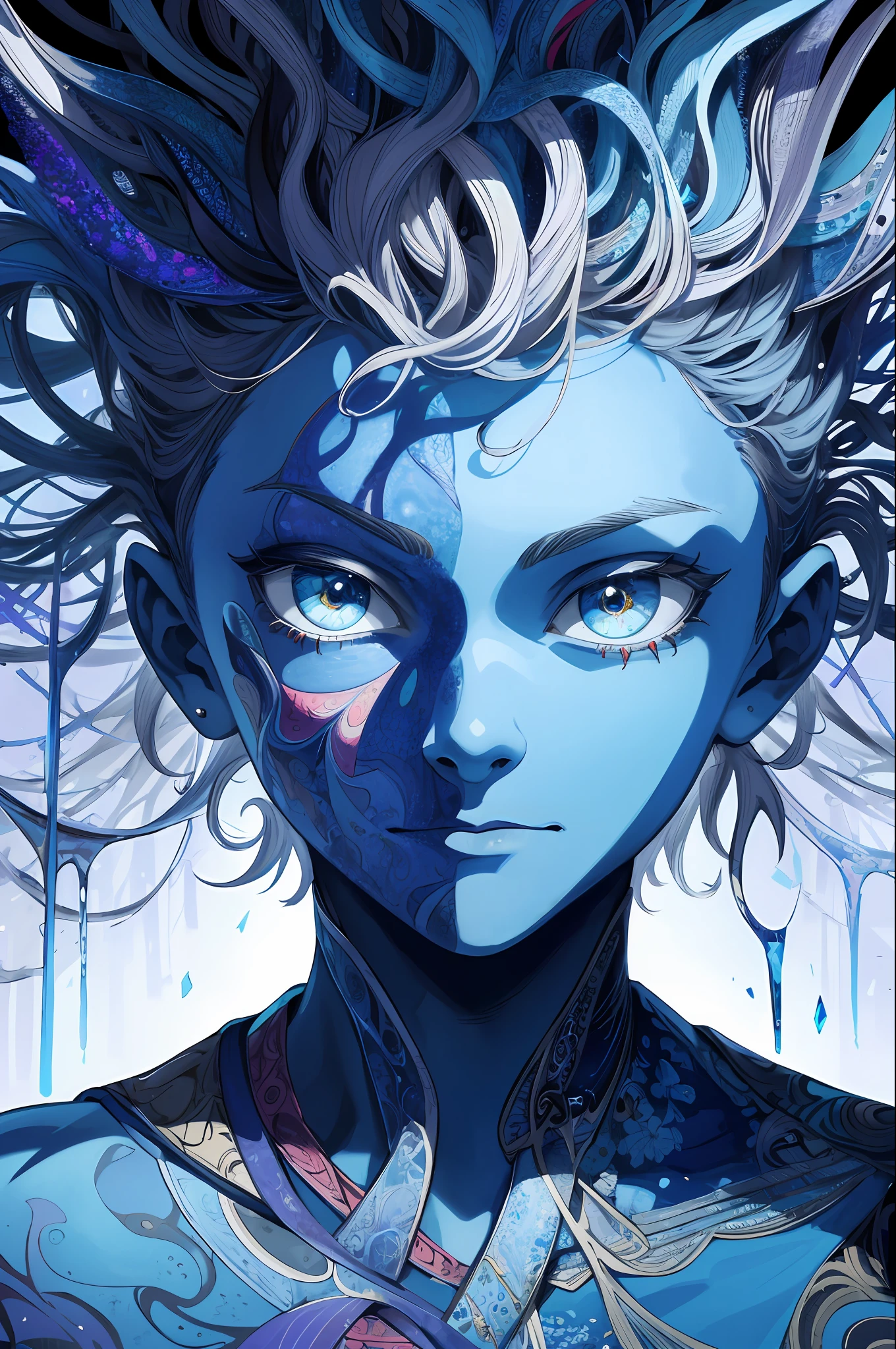 absurd, high resolution, super detailed, official art, unified 8k wallpaper, super detailed, beautiful and aesthetic, masterpiece, best quality, (zentangle, ice, tangles, entanglement), (fractal art: 1.3), realistic, (masterpiece, top quality, best quality, official art, beauty and aesthetics: 1.2), very detailed, fractal art, colorful, most detailed, zentangle, (abstract background: 1.5) (1boy: 1.3), gods, (glowing blue eyes), mysterious, (magic), (sitting on ice), ice and snow