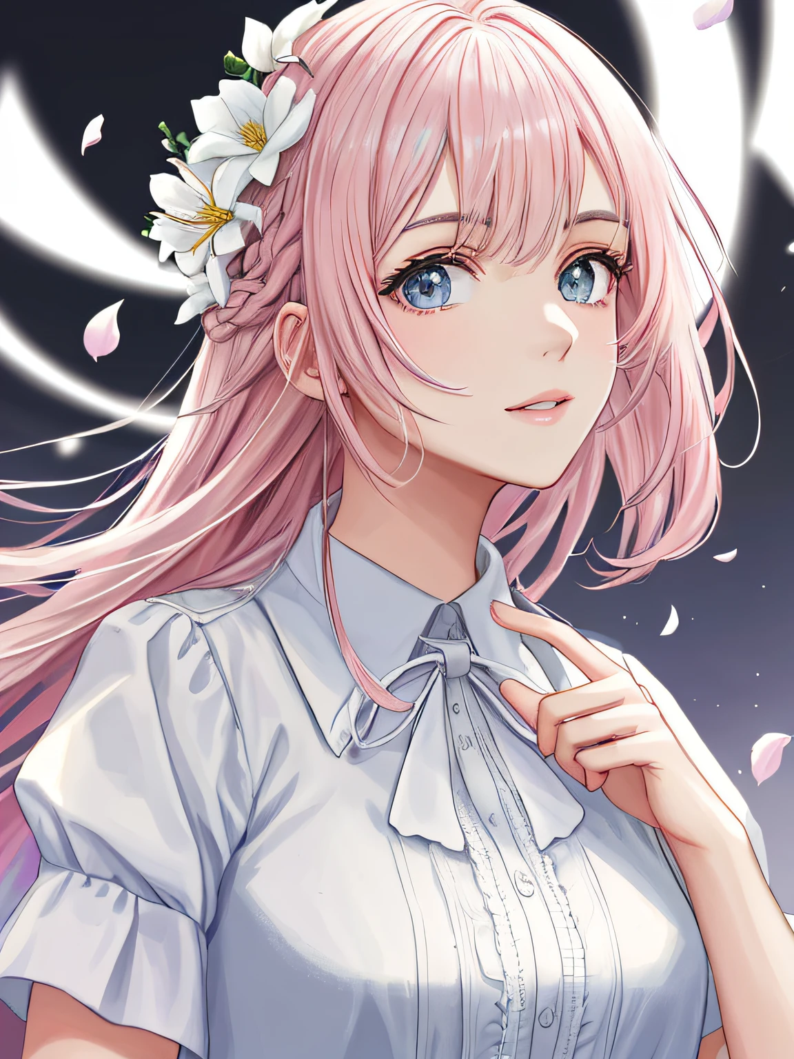 Obra-prima 8K superlativa, mulher anime, Retrato realista do vento frio, Sister, mulher de cabelo longo branco prateado, cabelos longos, light pink lips, franja calma e racional, pupilas cinzentas, fundo da flor, petals dancing, rosto delicado