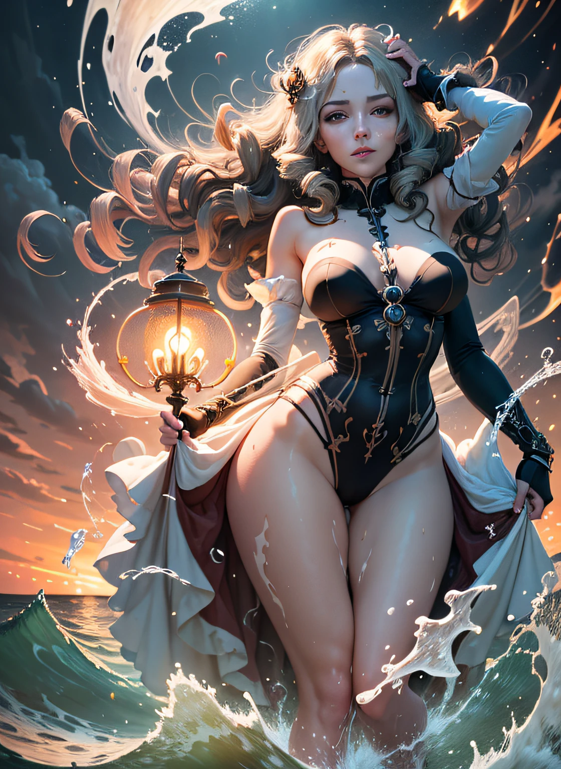 Goddess maiden, gorgeous, splashing, flame, flowing pen and ink,full female body, beautiful caucasian girl close-up, body in dynamic movement, oil, digital art, splash, full body, Ray-traced sunset rendering, shimmery water, light rays, billowing clouds, light reflections, vibrant colors, detailed, glitch art, water, 8k, oil painting, art by Sakimichan, Daniel Gerhartz, mixed digital painting technique, digital painting, super smooth , fluid, 3d fractals, light particles, spirit ink, smooth, shimmery, dreamy glow, 16k, sf, complex art masterpiece, sinister, matte movie poster, golden ratio, cgsociety trend, intricate, epic, artstation trend, highly detailed, vibrant, production cinematic character renderings by artgerm, H.R. Giger and Beksinsky Ultra Quality Model, cloudy night sky storm, sunset red clouds storm cloudy, rough sea, psychedelic waves, skin and clothes wet with water, drops of water, floating bubbles, magical lights, fantasy, filigree, cloudy night sky storm, sunset red clouds storm cloudy, rough sea, psychedelic waves, splash,Sakimichan style art, oriental mandala tattoo, fractal background, silver and gold and bronze spirit, natural skin moistened with water, slight smile, view from below, perfect golden eyes, long curly black hair, floating antique clock, lamp ancient, splash,seductive pose, visible pubic hair, breasts visible,