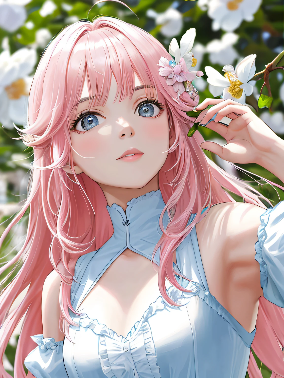 Obra-prima 8K superlativa, mulher anime, Retrato realista do vento frio, Sister, mulher de cabelo longo branco prateado, cabelos longos, light pink lips, franja calma e racional, pupilas cinzentas, fundo da flor, petals dancing, rosto delicado