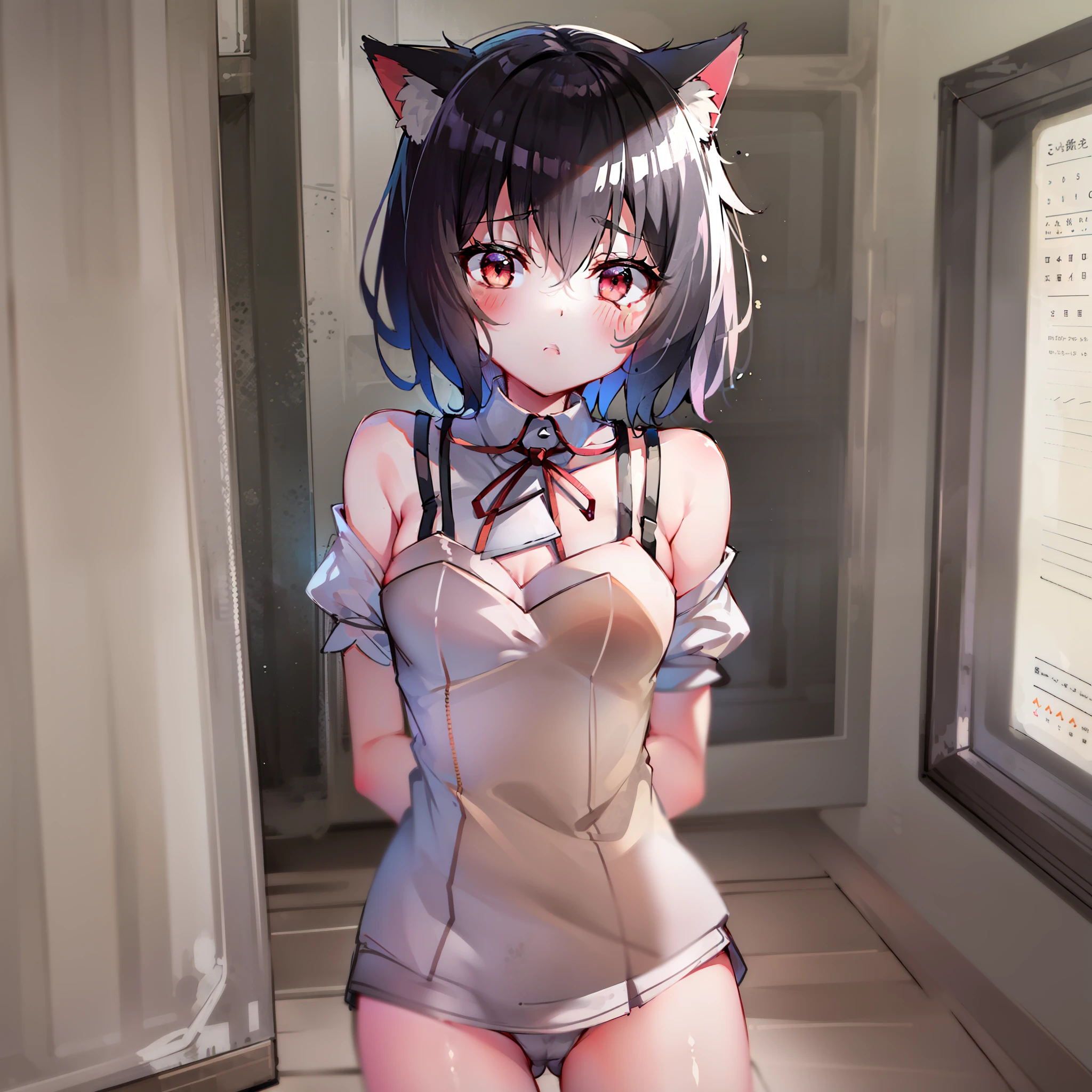 （巨作），Best picture quality，super detailing，Depicting a girl with short hair that matches her height ratio，The hand structure is correct，Equipped with cat ears，red color eyes，Cute and shy，Break,White T-shirt,White panties,Tail,Break，arms back behind,Break,Background,Beds