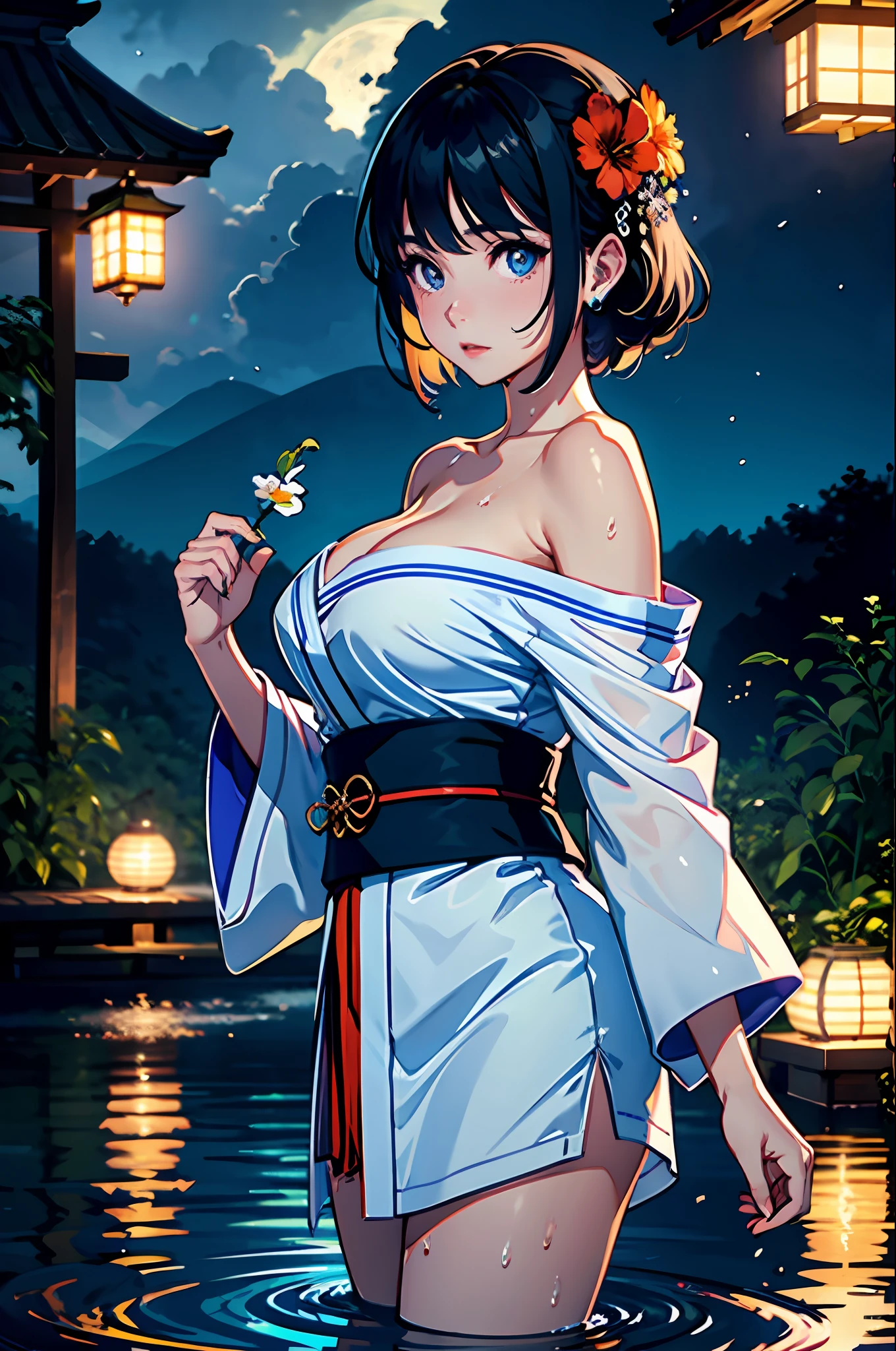 1girl, breasts, moon, lantern, night, solo, large breasts, hair ornament, wet, kimono, japanese clothes, wading, water, hair flower, flower, outdoors, sky, full moon, rain, black hair, off shoulder, mountain, cloud, holding, sash, bare shoulders, paper lantern, standing, white kimono, night sky, sideboob, obi, wet clothes, bangs, tree, from side, reflection, short hair, cloudy sky, wet hair (((masterpiece),(extremely detailed CG unity 8k wallpaper),best quality,,solo,1girl,cinematic lighting,detailed background,beautiful detailed eyes,bright pupils, (an extremely delicate and beautiful),(Beautiful and detailed eye description)， ultra-detailed,masterpiece,)),