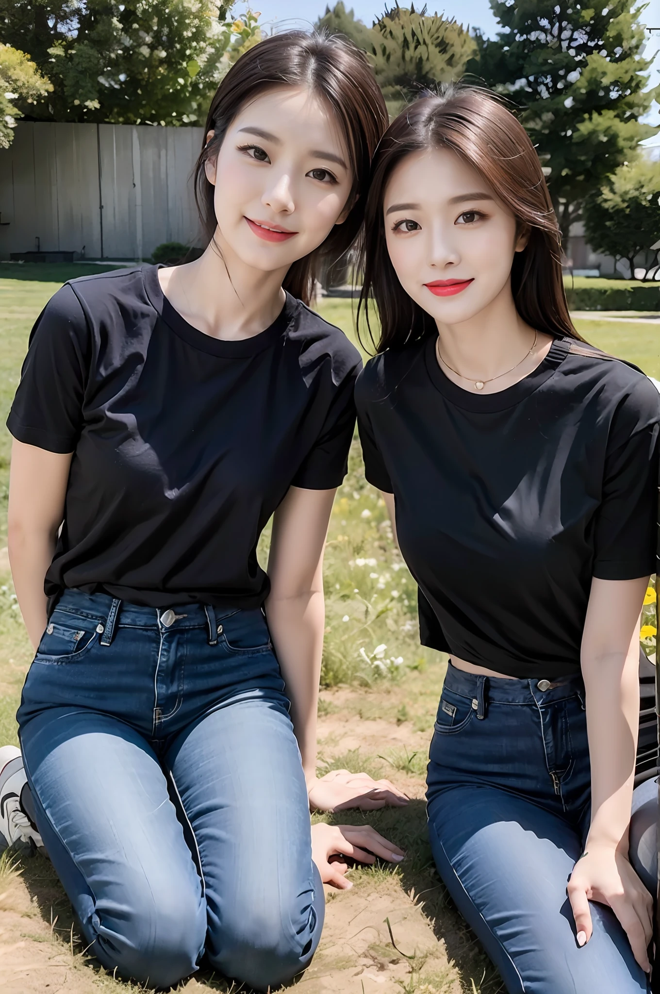 (best qualtiy:1.4),Complicated details,20 years old Korean girl,Wear a loose black T-shirt and skinny jeans,Stand on the grass and take pictures,Detailed meadow,A sweet smile on a small face,Ultra-realistic facial details,Playful and coquettish pose,The calves are straight and slender:1.2,Wear high-end branded colored canvas shoes:1.0,eventide:0.3,Broad lighting,naturalshadow:1.0,fully body photo:1.8