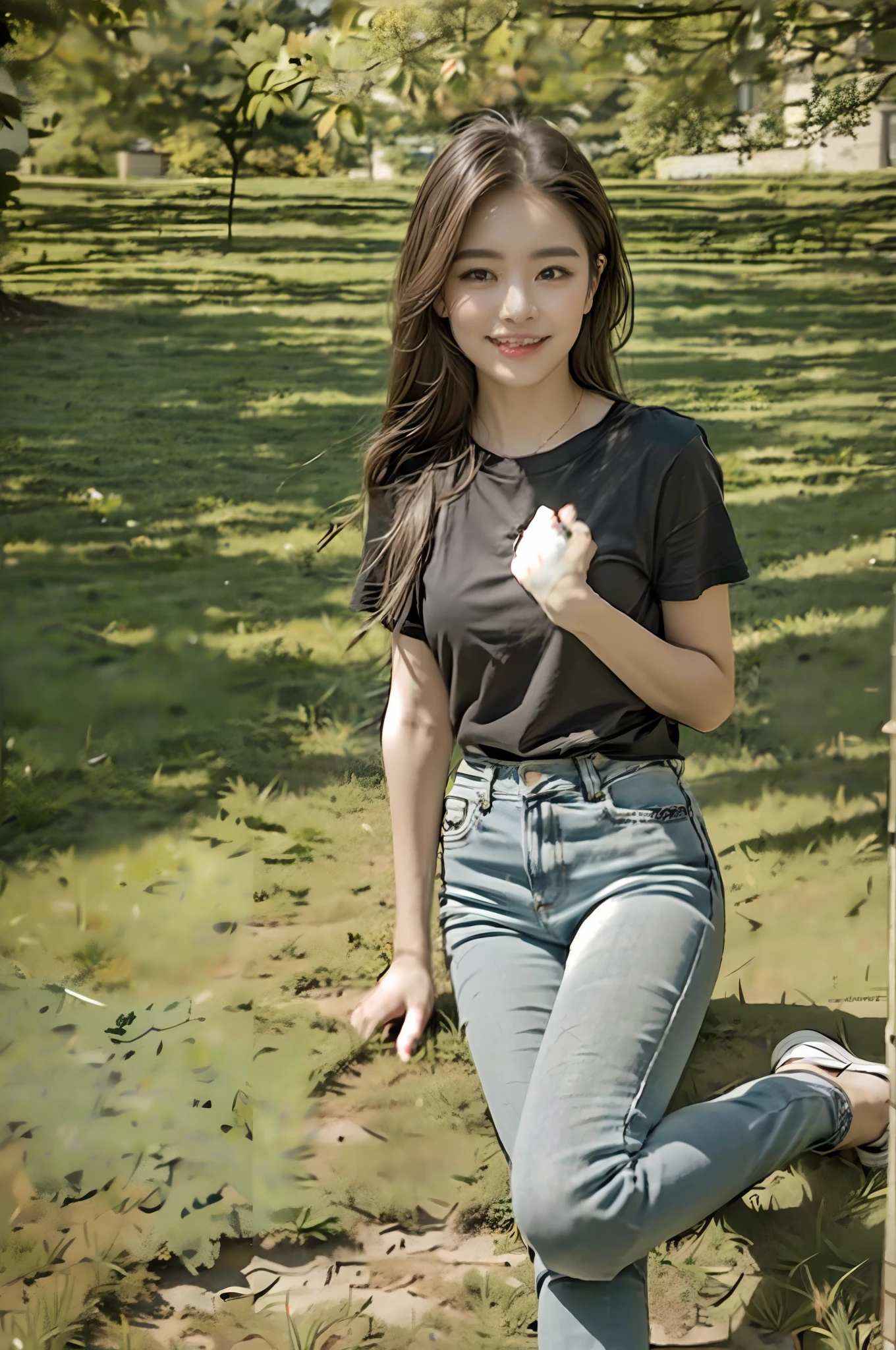 (best qualtiy:1.4),Complicated details,20 years old Korean girl,Wear a loose black T-shirt and skinny jeans,Stand on the grass and take pictures,Detailed meadow,A sweet smile on a small face,Ultra-realistic facial details,Playful and coquettish pose,The calves are straight and slender:1.2,Wear high-end branded colorful travel shoes:1.0,eventide,warm color,Broad lighting,naturalshadow,fully body photo:1.8