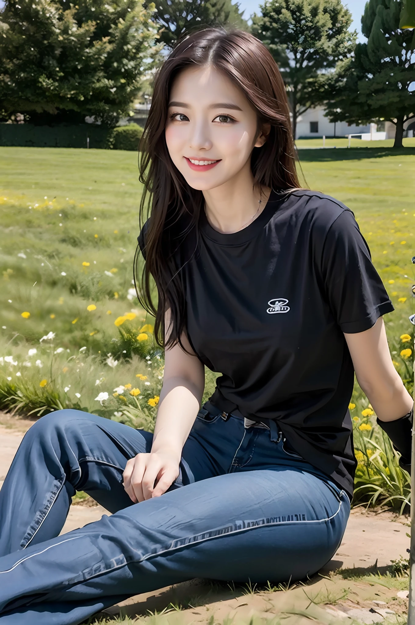 (best qualtiy:1.4),Complicated details,20 years old Korean girl,Wear a loose black T-shirt and skinny jeans,Stand on the grass and take pictures,Detailed meadow,A sweet smile on a small face,Ultra-realistic facial details,Playful and coquettish pose,The calves are straight and slender:1.2,Wear high-end branded colored canvas shoes:1.0,eventide:0.3,Broad lighting,naturalshadow:1.0,fully body photo:1.8