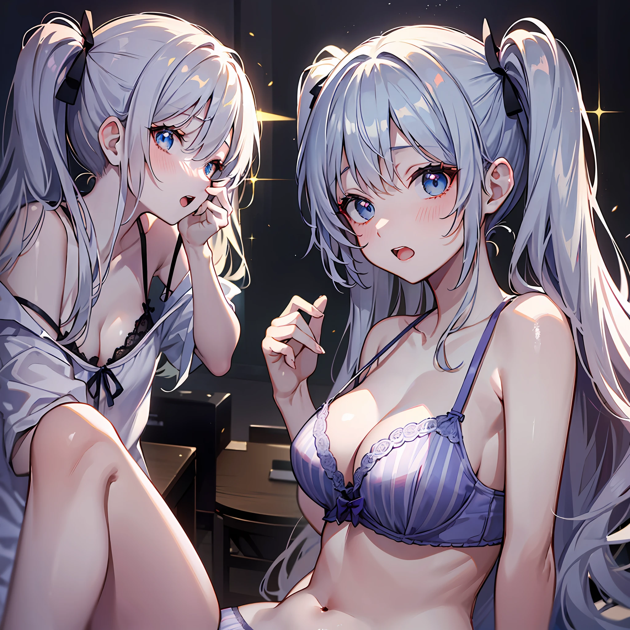 (top-quality、8k、32k、masterpiece、超A high resolution、UHD:1.2)、Very cute girl、(Silver Twin Tail)、undergarment、a bed、Facial expressions sexually、Blue eyes、red blush、Spread your legs apart、bra very、Striped panties、Ashamed、Shirt with open front、Perfectly trimmed fingers、small tits、(Frightened look)、full bodyesbian、