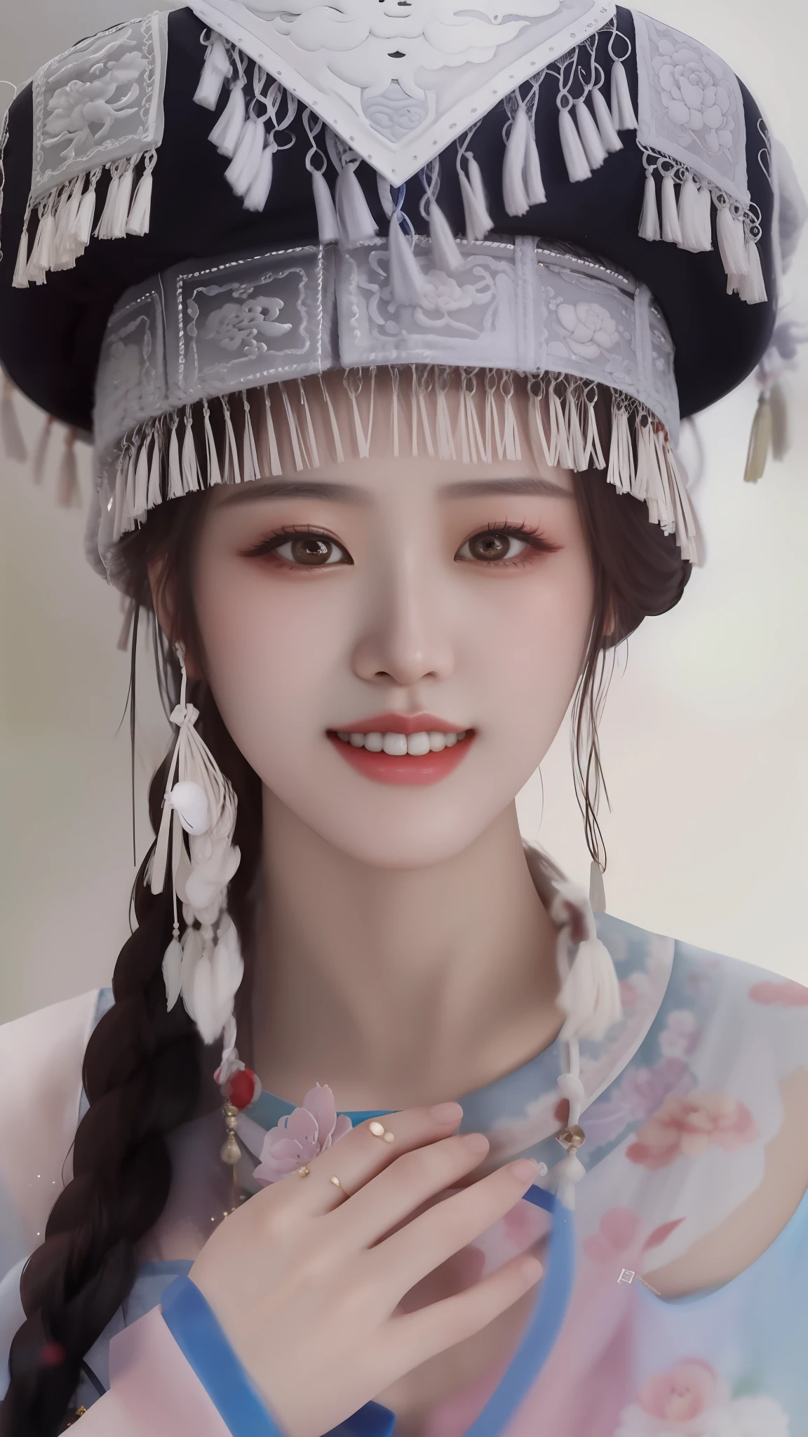 Close-up of a woman wearing a braided hat, ruan jia beautiful!, Chinese traditional, Chinese girl, inspired by Du Qiong, Inspired by Huang Ji, inspired by Luo Mu, Traditional beauty, Inspired by Ai Xuan, Inspired by Song Maojin, inspired by Wu Bin, inspired by Sim Sa-jeong, inspired by Lü Ji